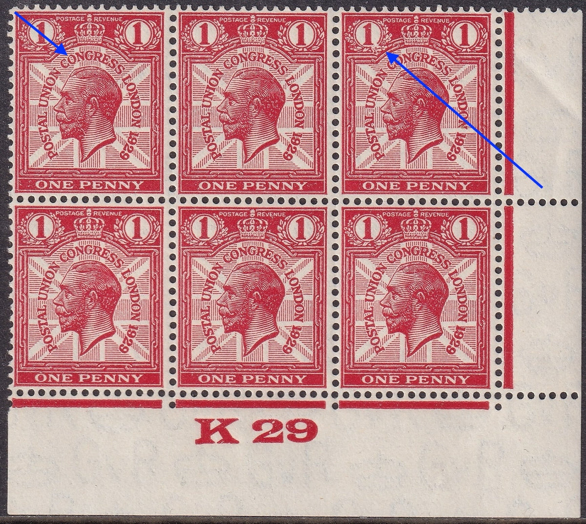 Front of GB 1929 PUC 1d K29 block of six; blue arrows indicate printing varieties, not mounting marks.