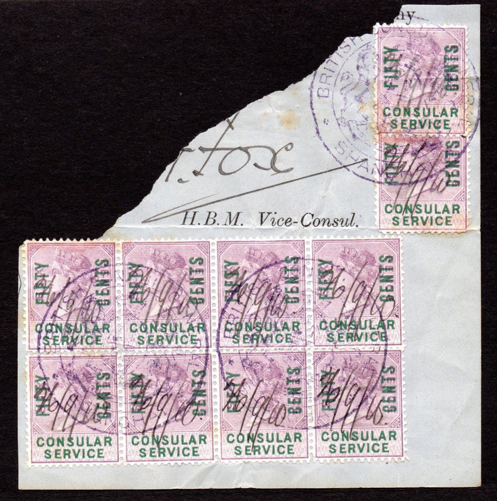 Shanghai 1900 50c Consular Service Block of Eight & Pair on Original Piece Signed Sir Harry Halton Fox