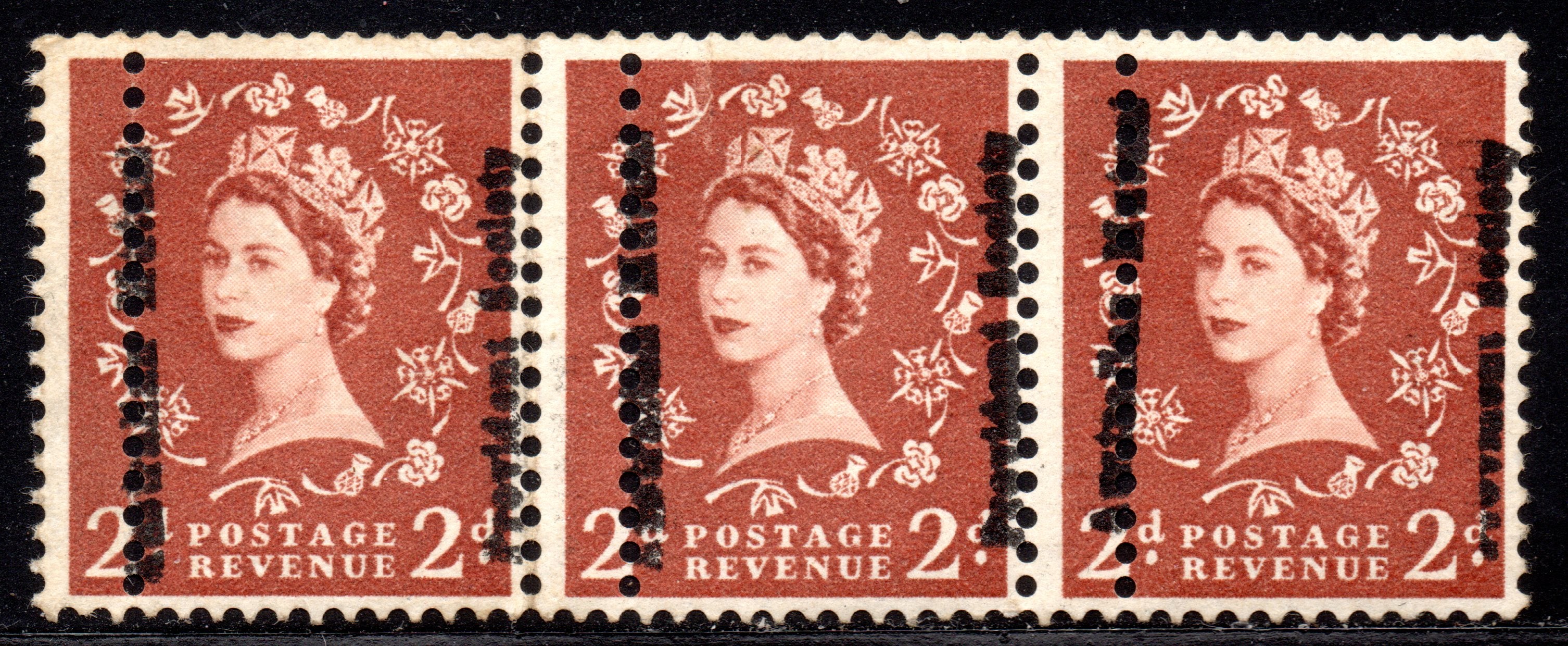 GB 1957 2d UM Wildings Strip of Three Scarce Double Perforations