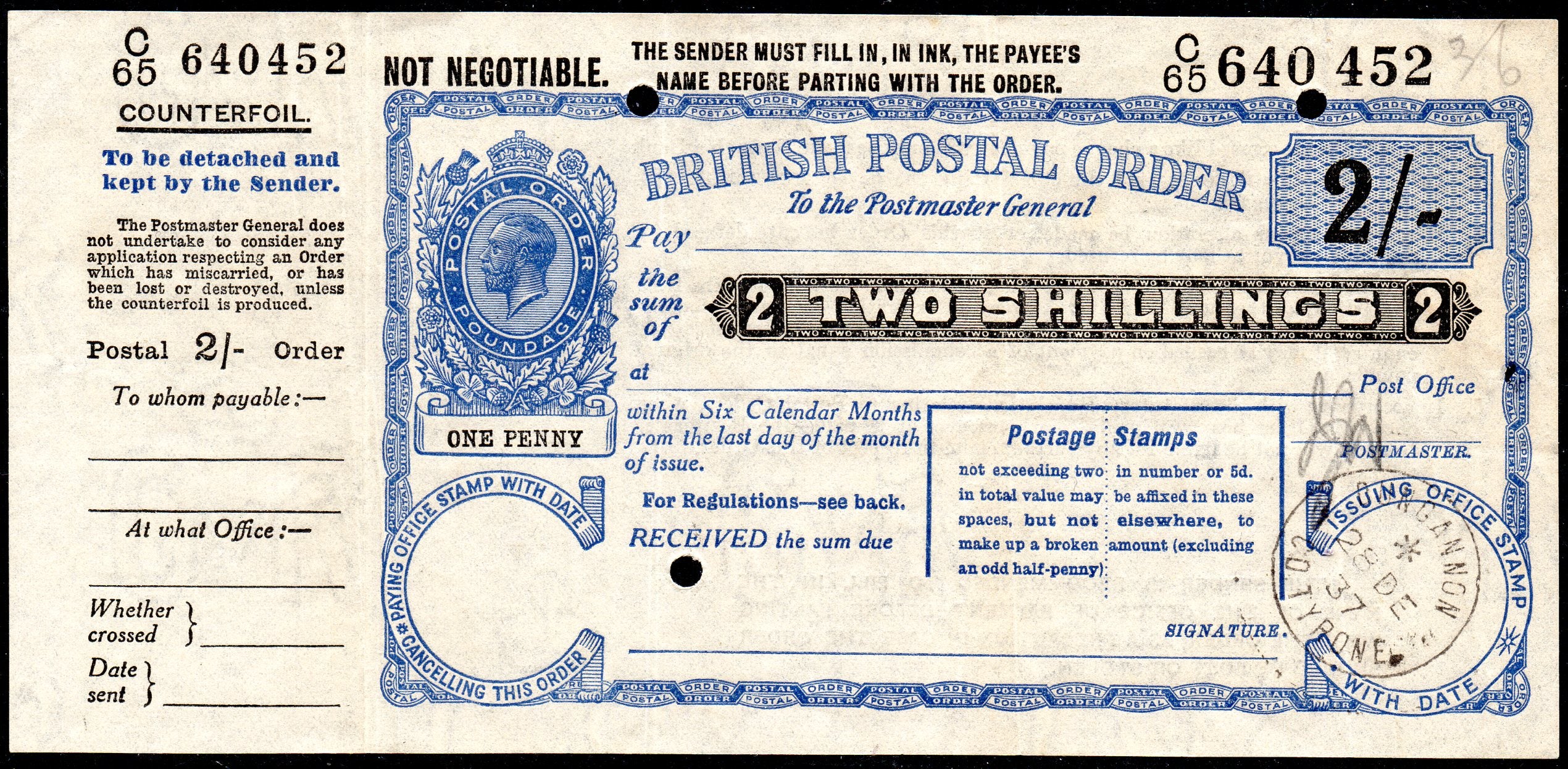 GB 1937 2s Fine Unused Postal Order Complete