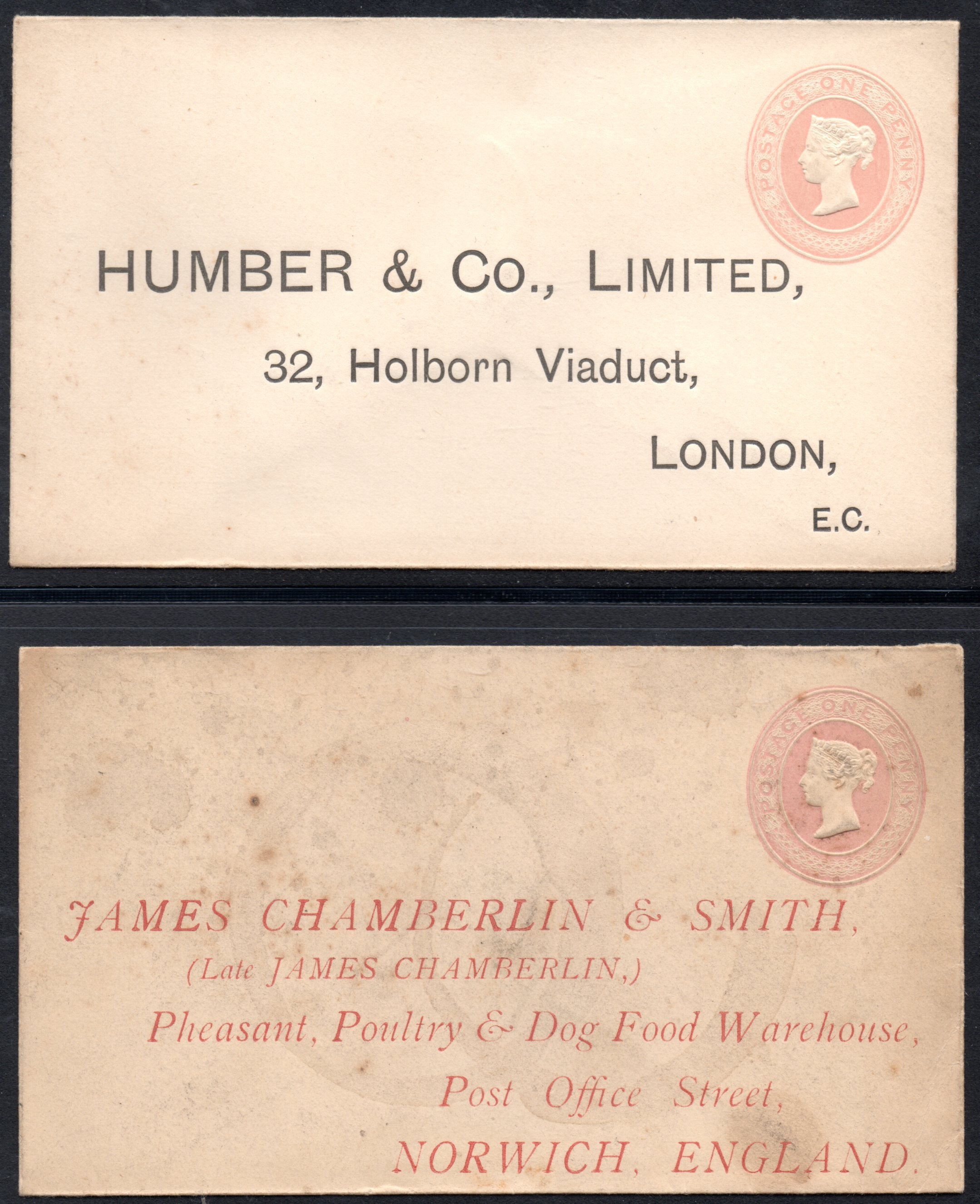 GB Queen Victoria Five Unused Penny Pink Envelopes All with Printed Addresses