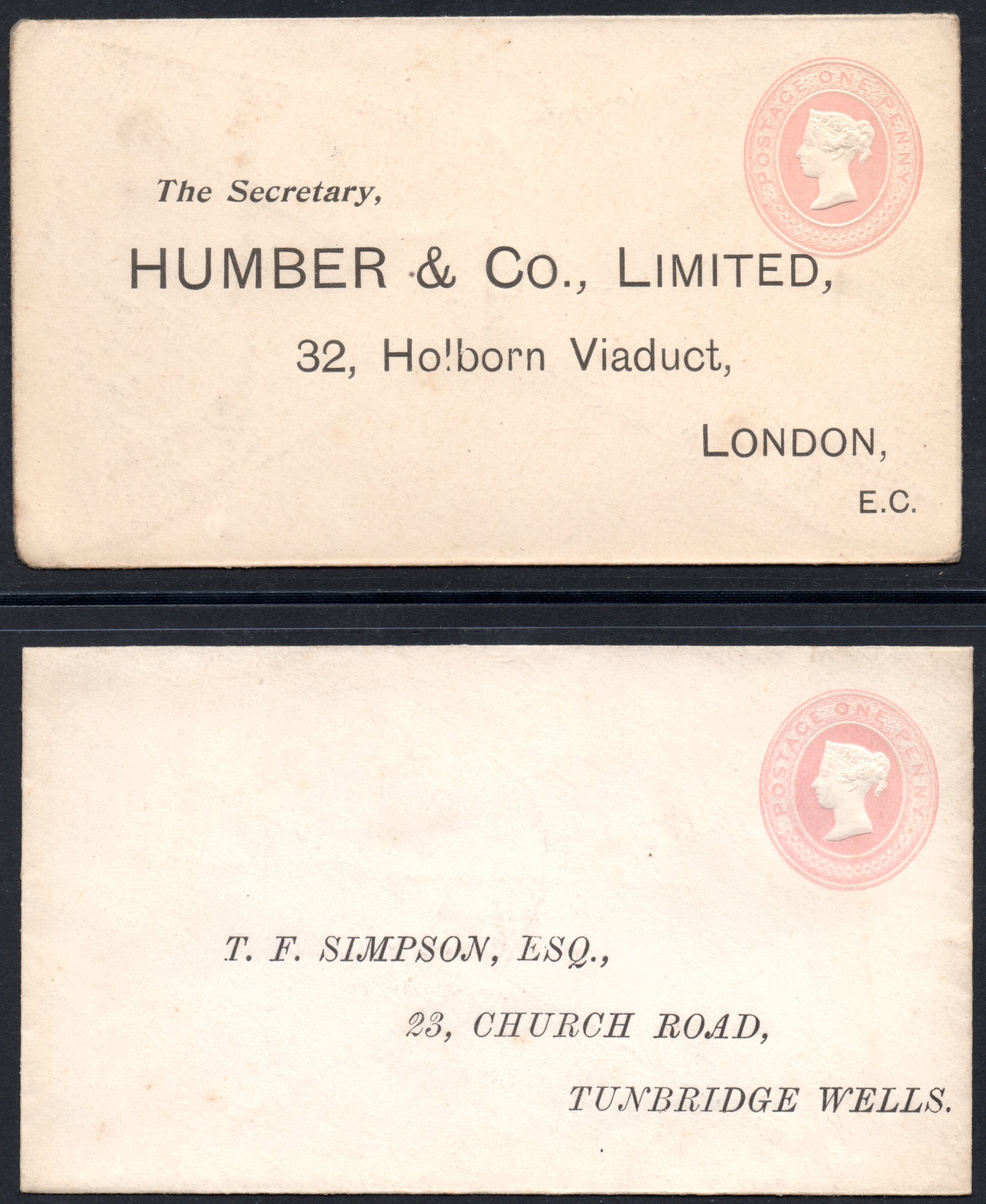 GB Queen Victoria Five Unused Penny Pink Envelopes All with Printed Addresses