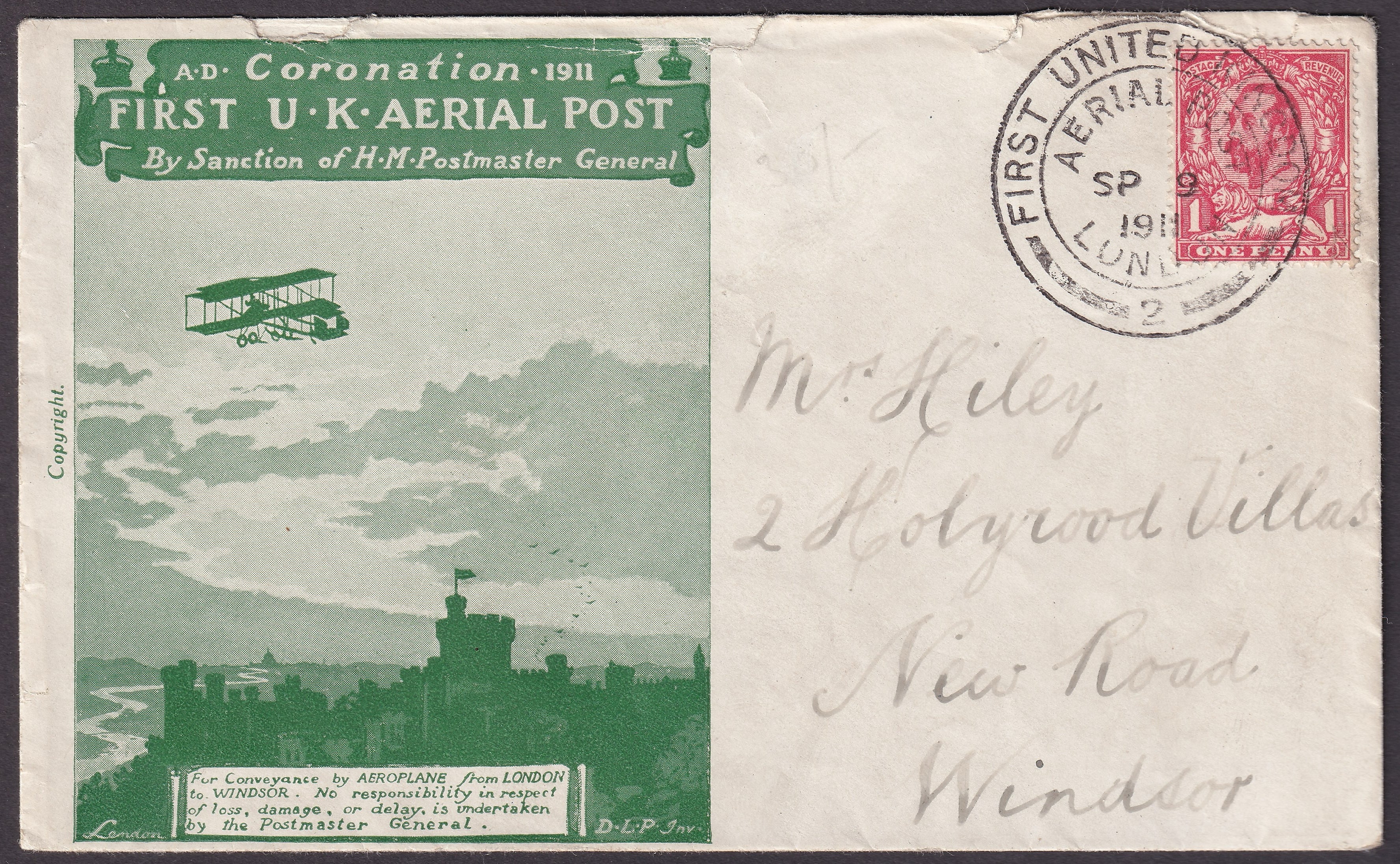 GB 1911 First UK Aerial Post Envelope with Insert