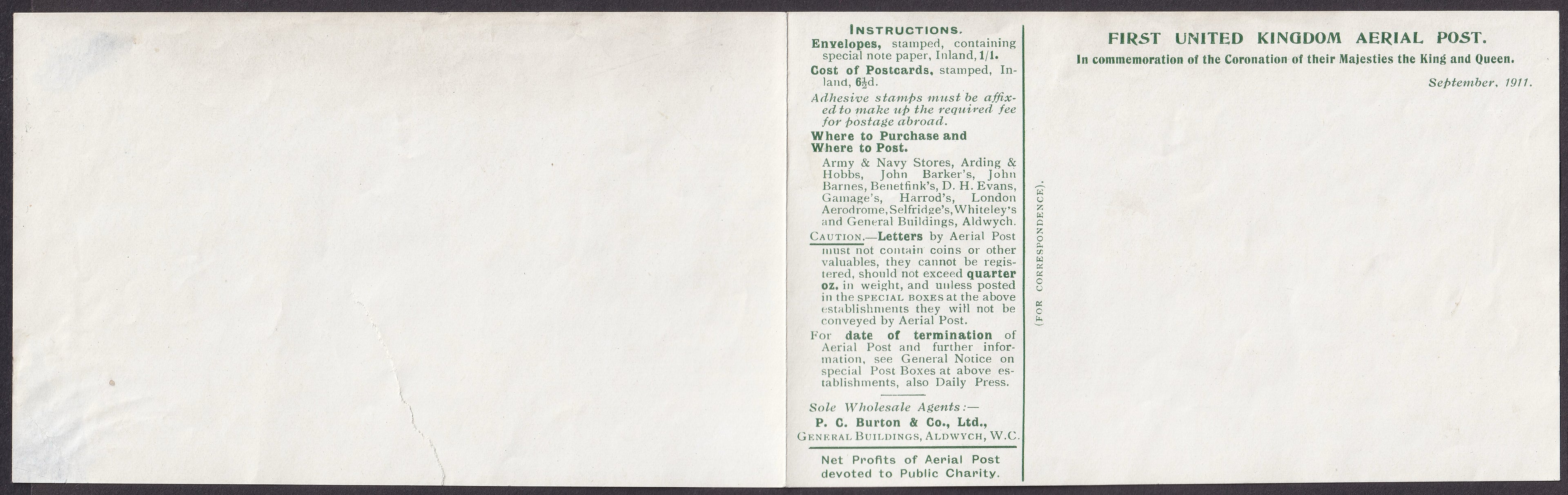 GB 1911 First UK Aerial Post Envelope with Insert