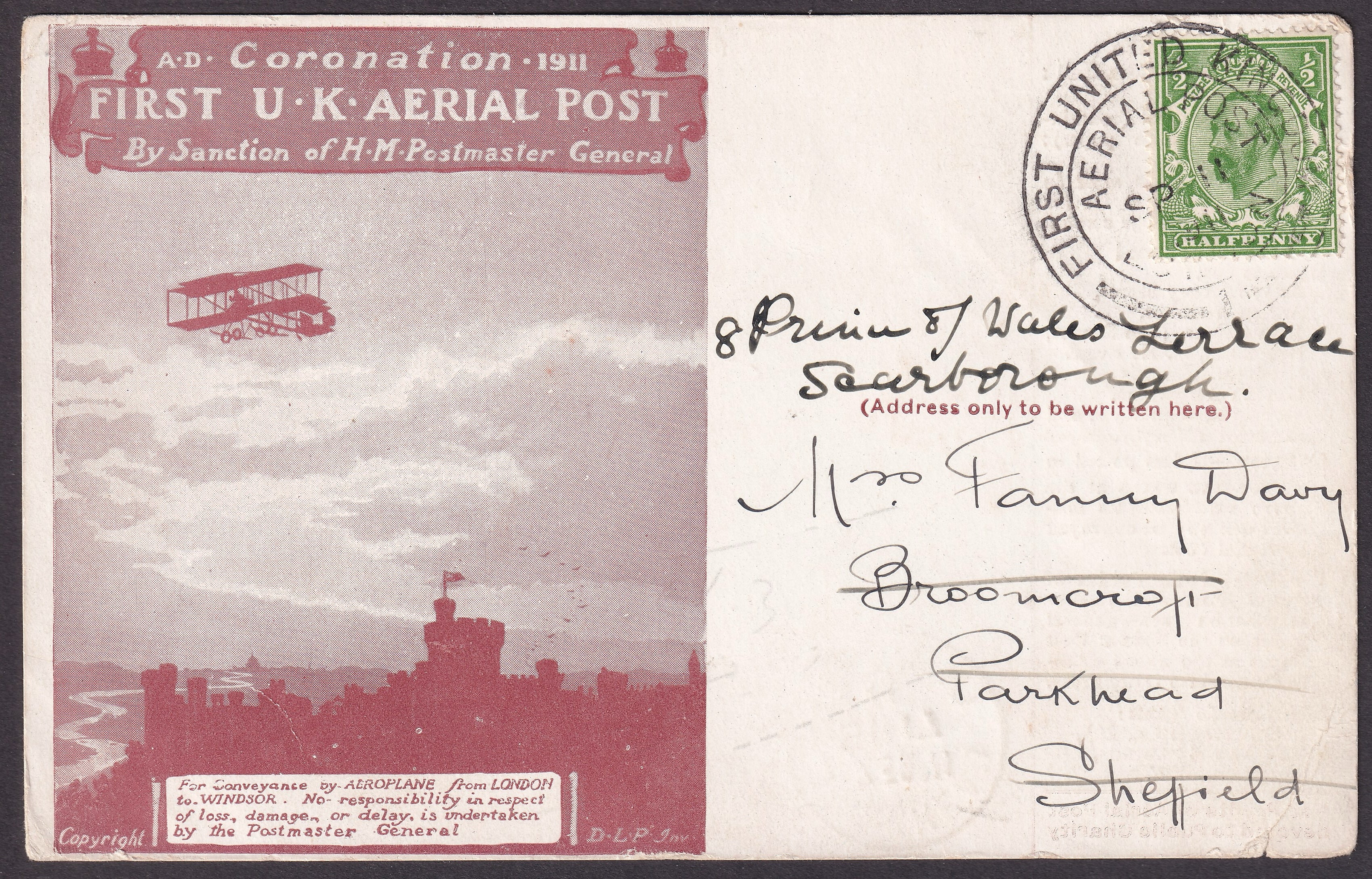 GB 1911 First UK Aerial Post Re-directed Postcard
