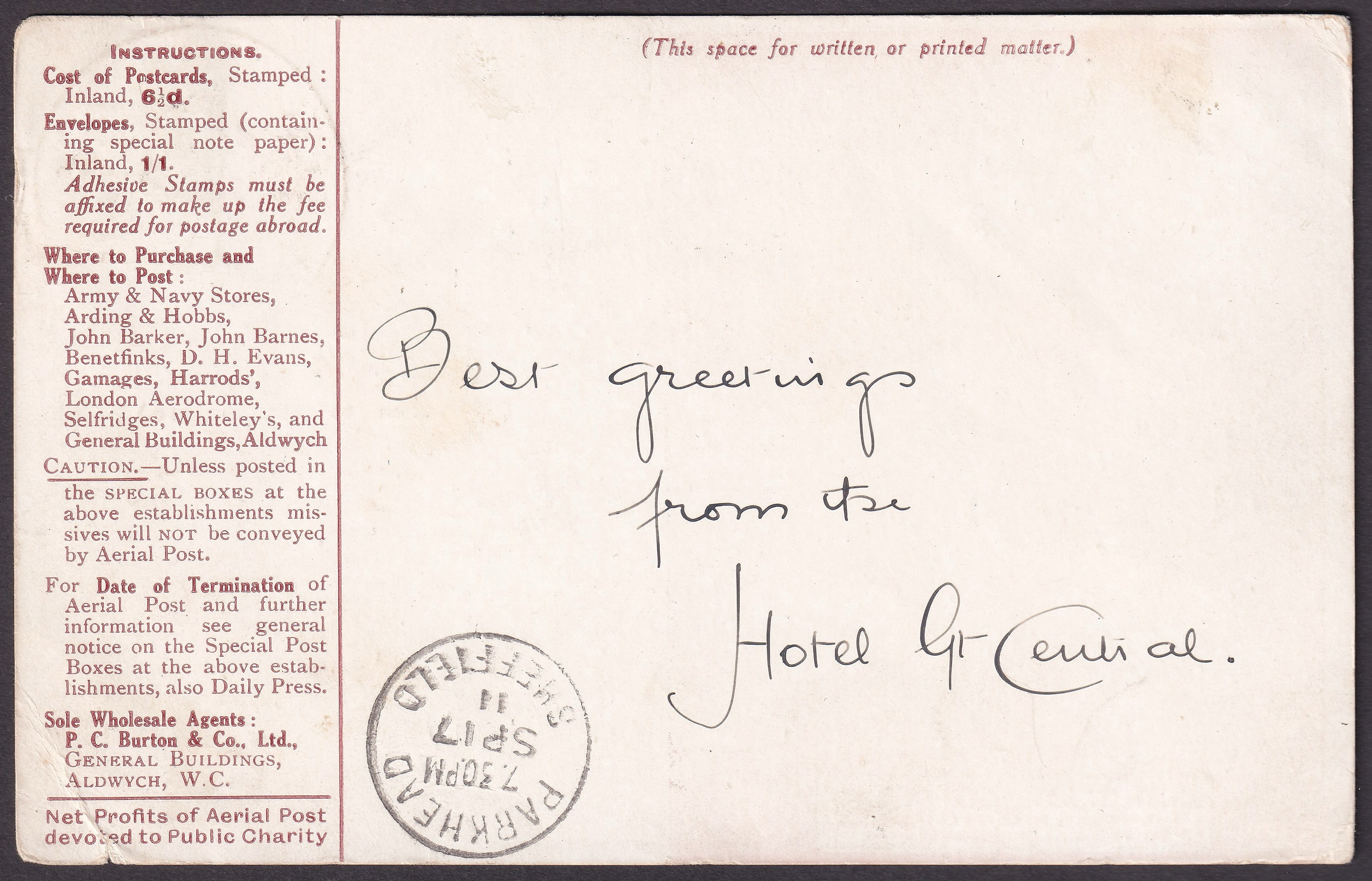 GB 1911 First UK Aerial Post Re-directed Postcard
