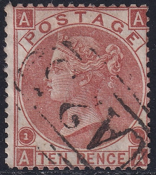 GB 1867 10d Red-brown VFU A25 (Malta) Listed Variety 'Smaller Figures "1" Stamp AA'