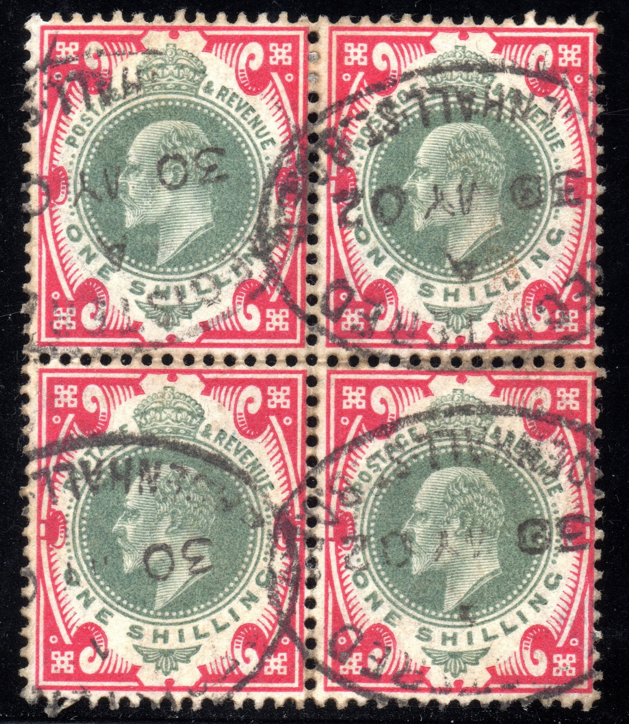 GB 1902 Edward VII 1s VFU Block of Four