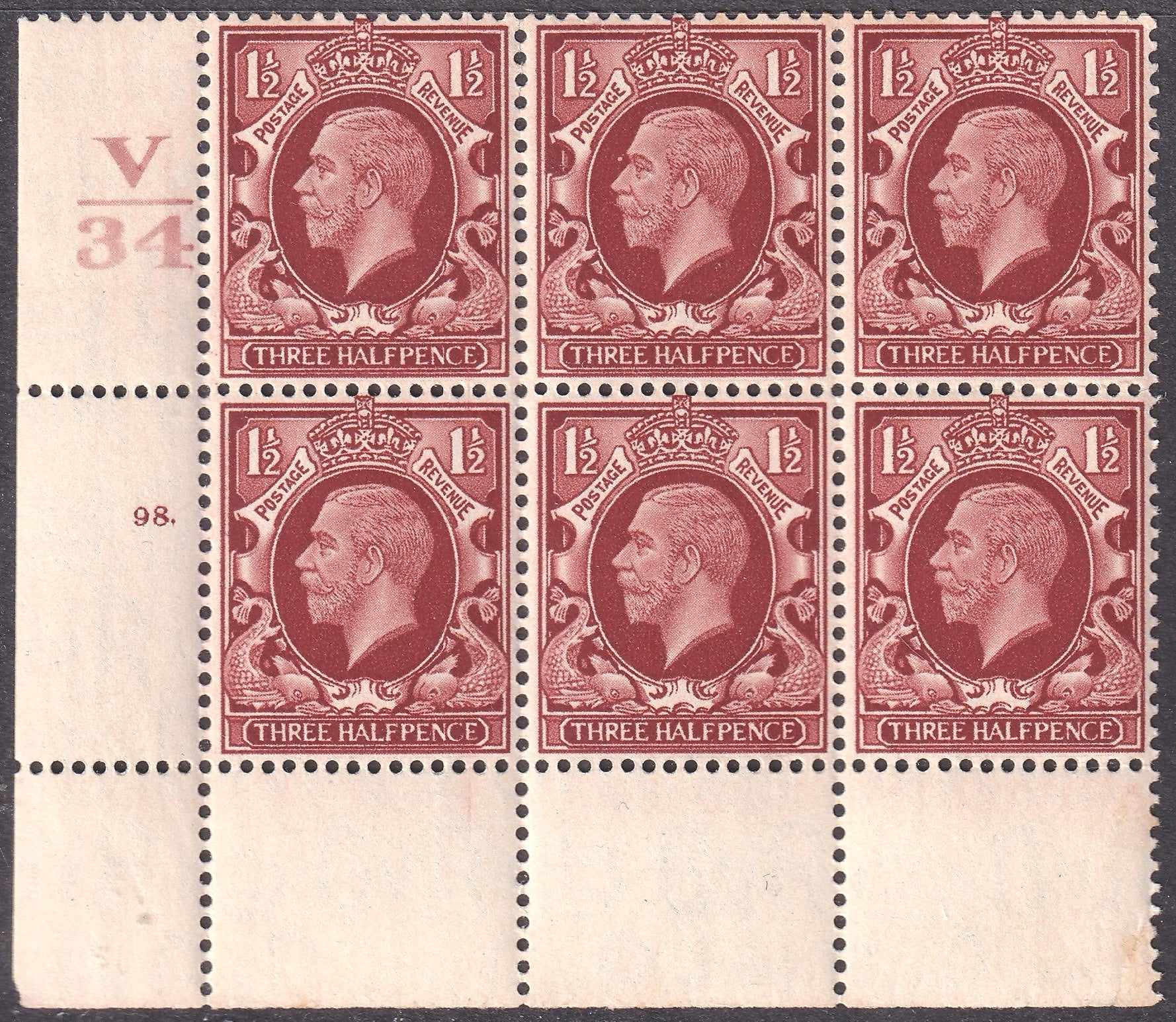 GB 1934 1½d UM Control V34 Block of Six with Variety