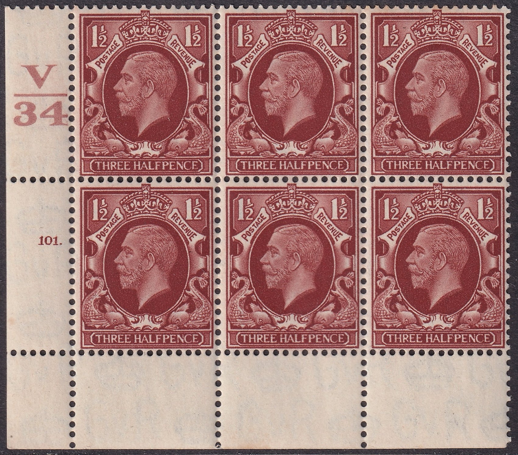 GB 1½d UM Control V34 Block of Six