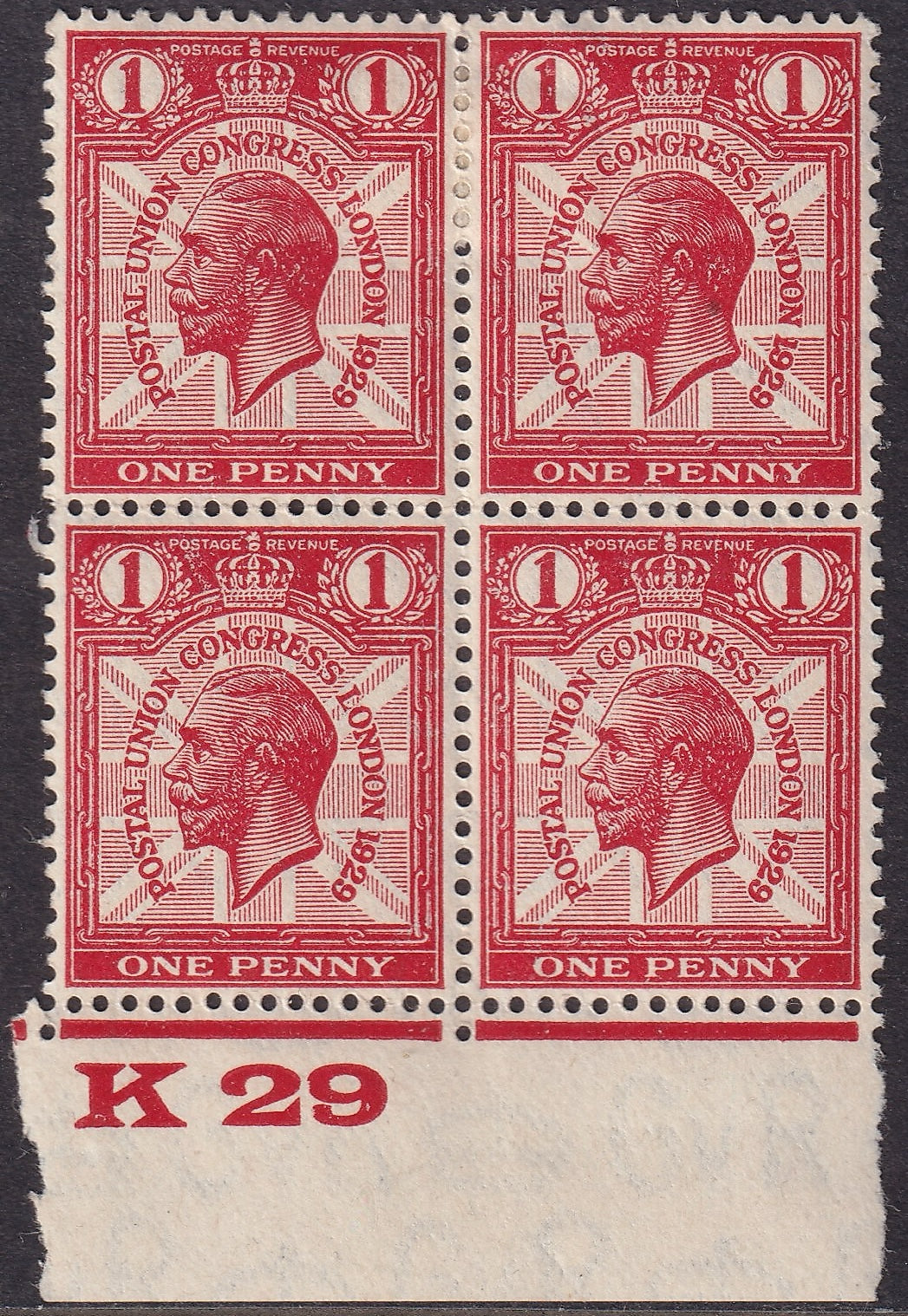 GB 1929 1d K29 UM/Mint Block Four Variety 'CO' Join