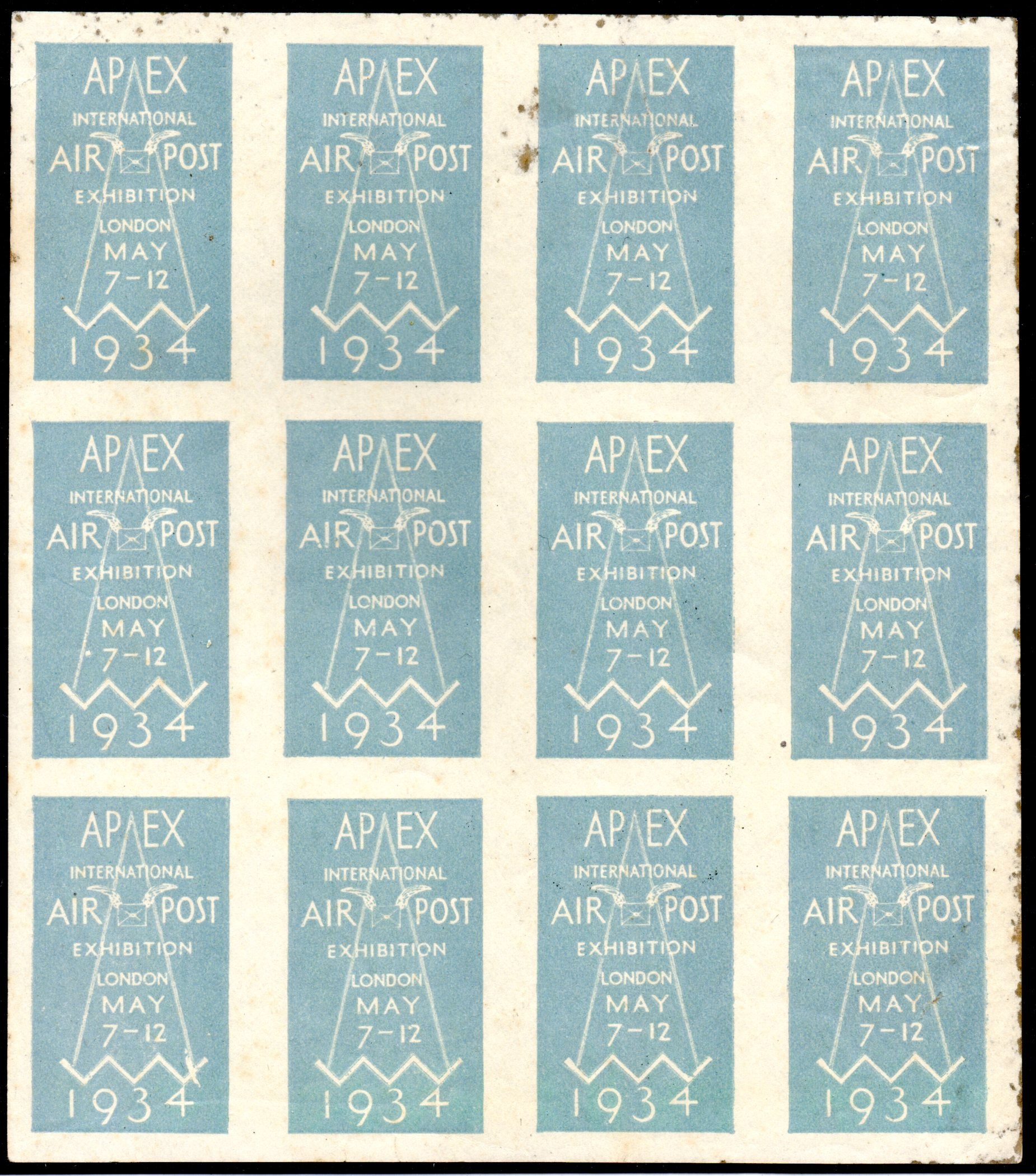 GB 1934 Apex Air Post Exhibition Imperf Block 12 Labels