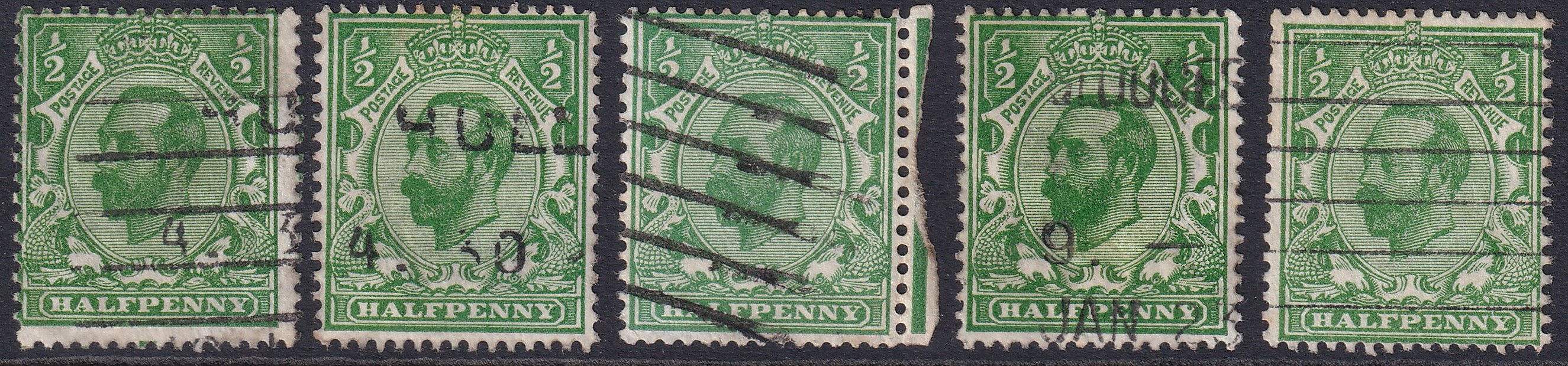 GB  1911 ½d VFU Bluish Green Shade Die IB