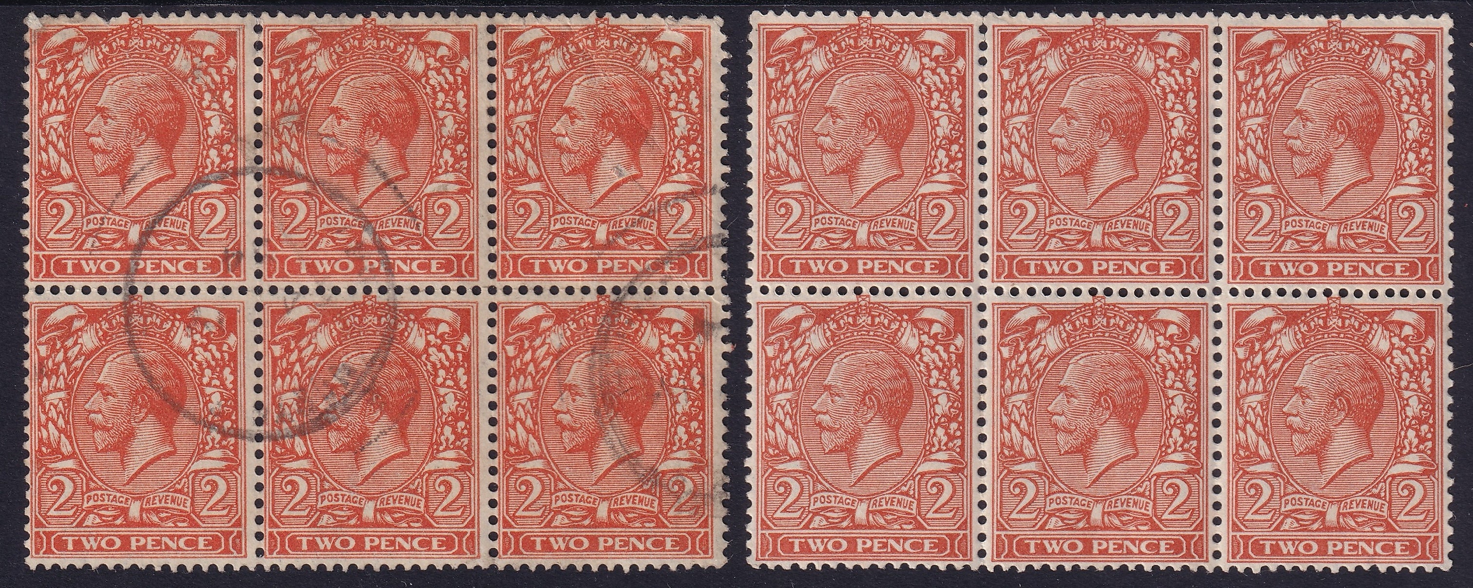 GB 1924 2d Orange Two Blocks of Six UM & Used