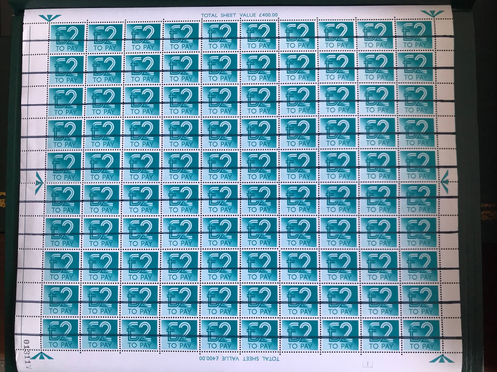 GB 1982 £2 Postage Due Complete Sheet 100 with Training Bars
