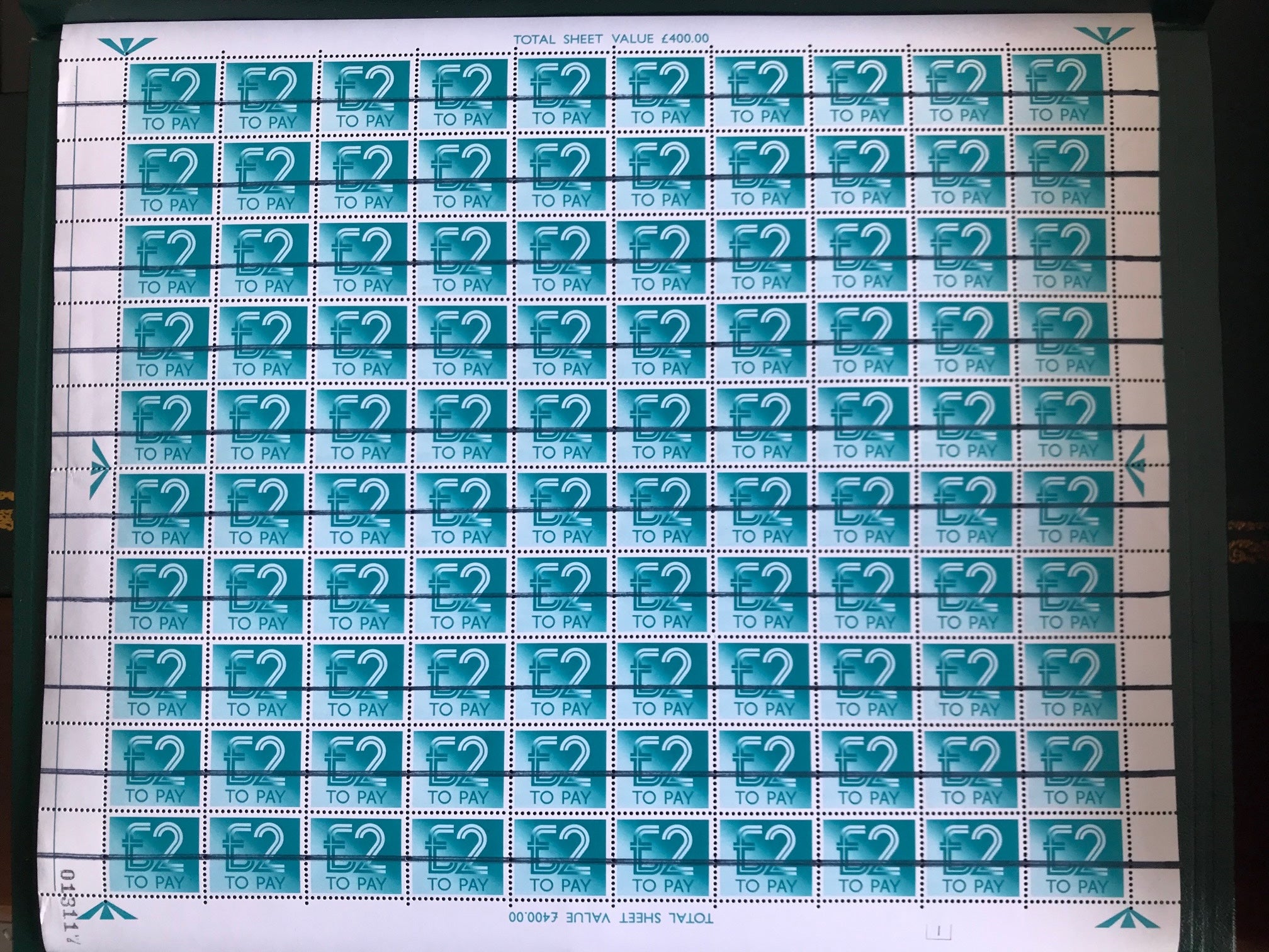 GB 1982 £2 Postage Due Complete Sheet 100 with Training Bars