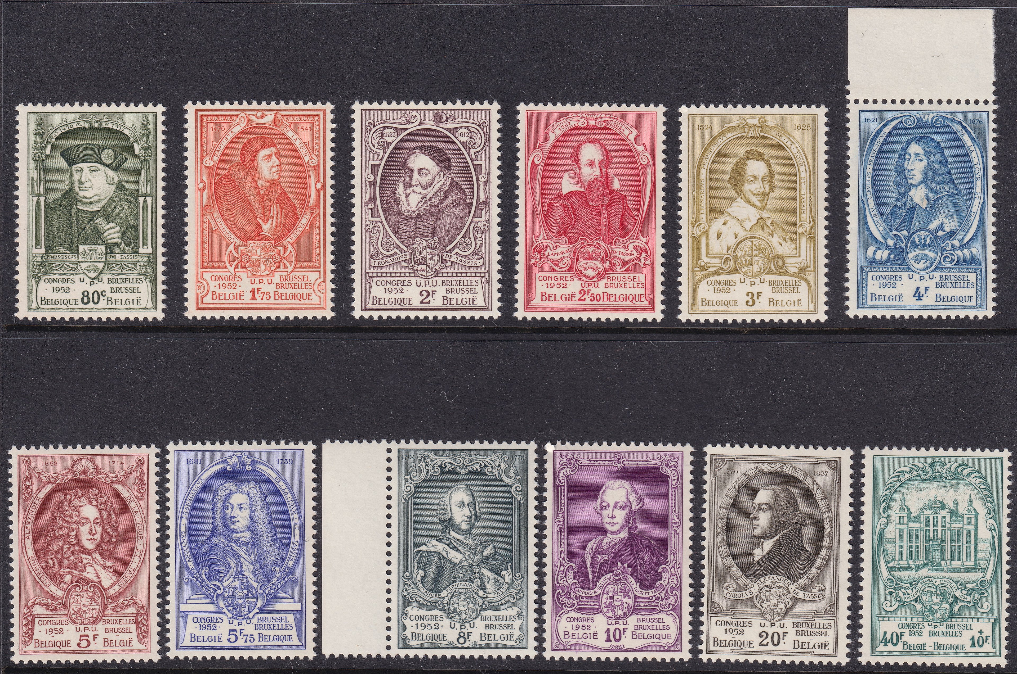 Belgium 1952 13th UPU Congress Brussels Set of 12 Fresh Unmounted Mint