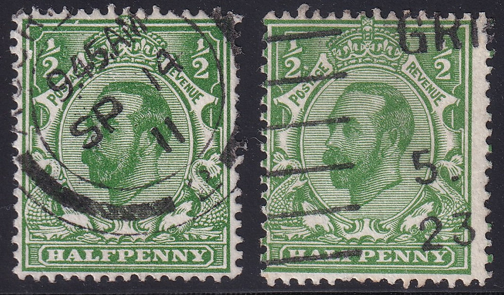 GB 1911 ½d Green Used Variety Pair