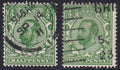 GB 1911 ½d Green Used Variety Pair