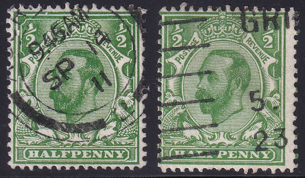 GB 1911 ½d Green Used Variety Pair