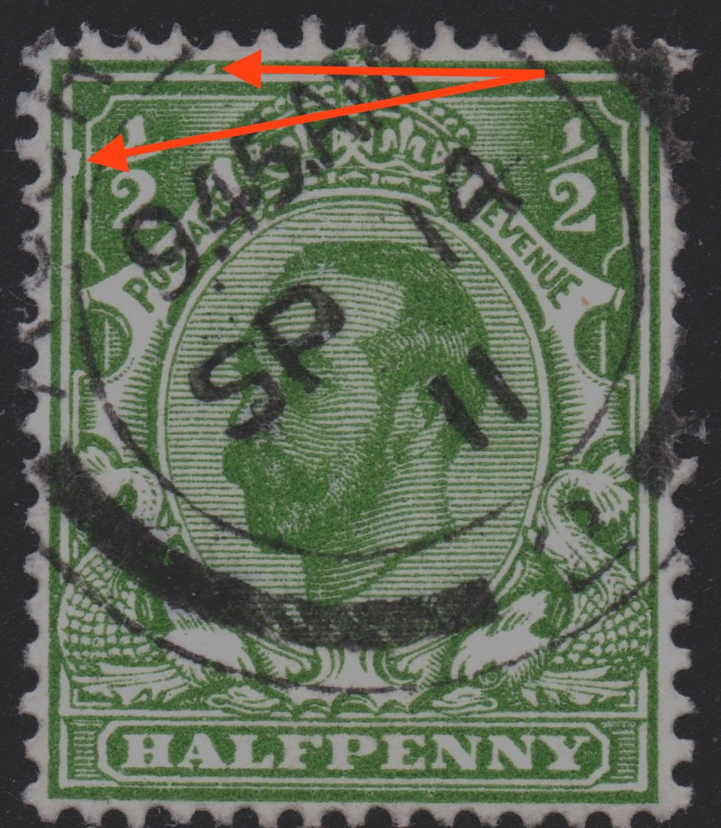 GB 1911 ½d Green Used Variety Pair