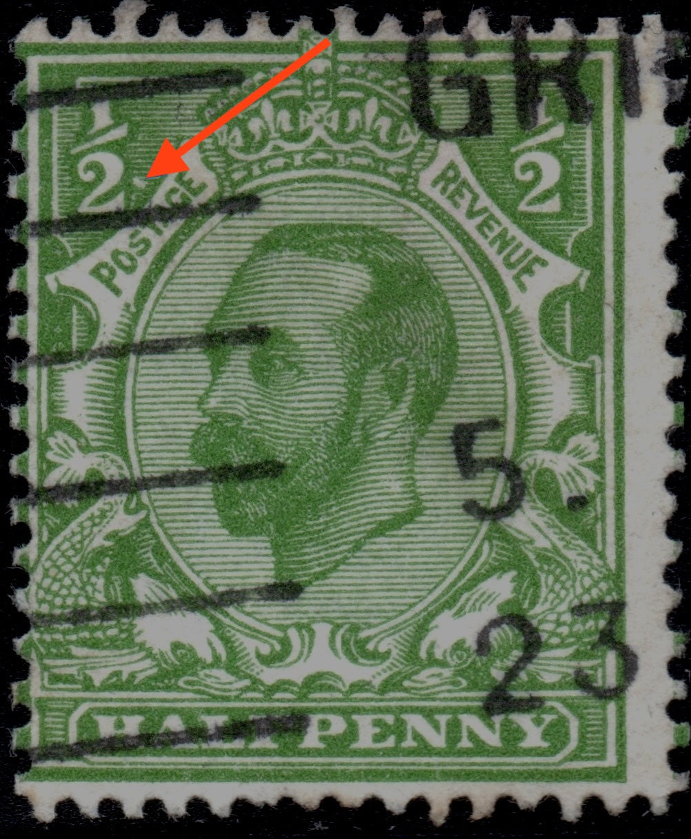 GB 1911 ½d Green Used Variety Pair