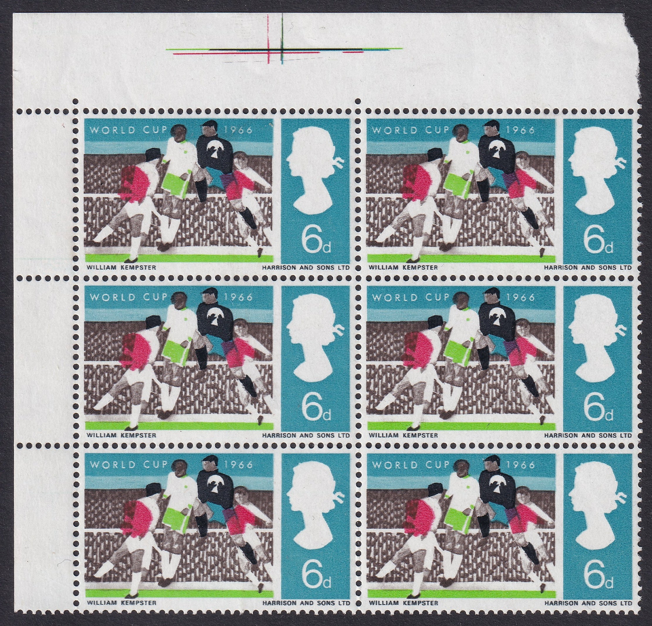 Great Britain 1966 6d World Cup Block of Six Variety Red Shift Corner Marginal Unmounted Mint