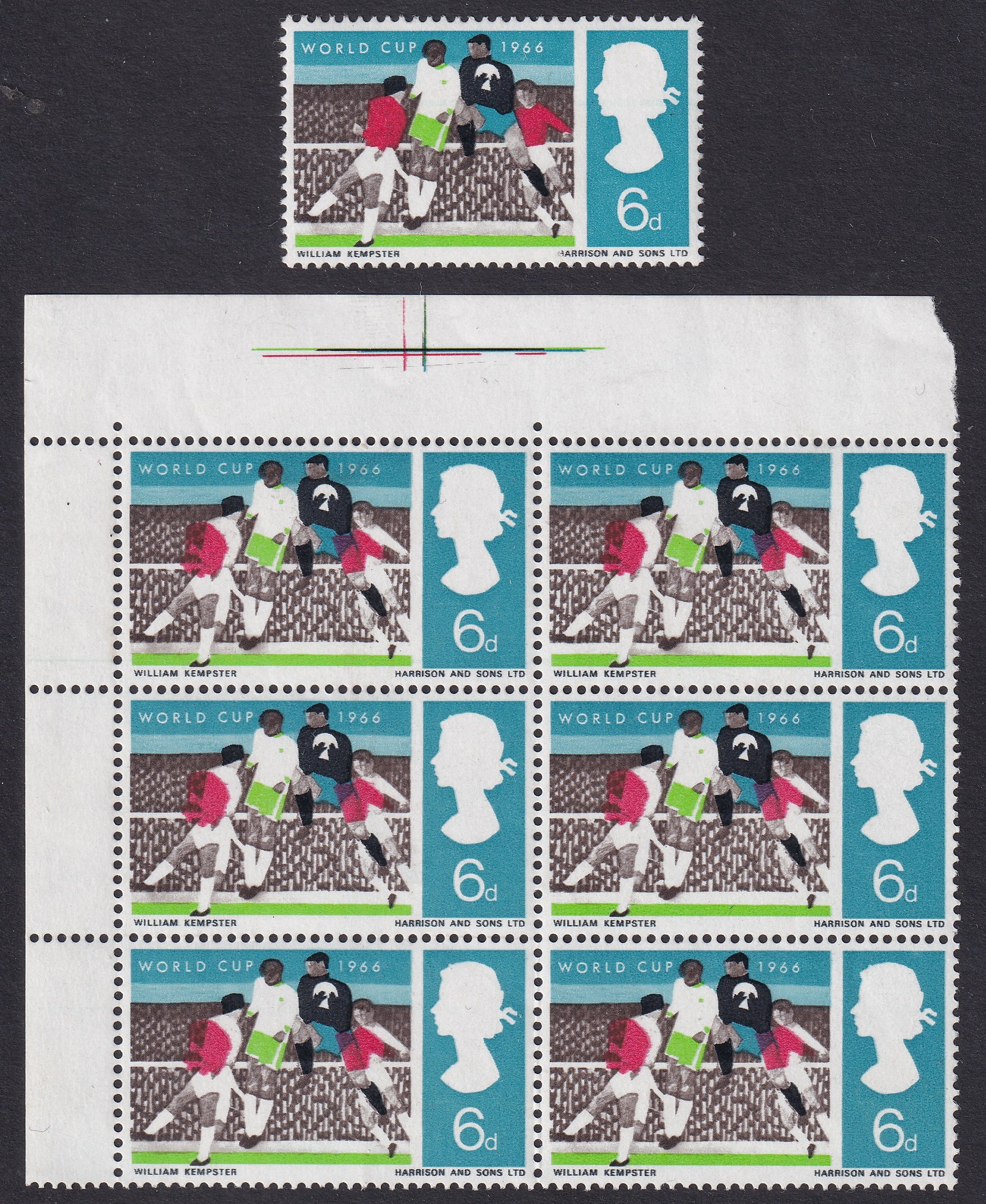 Great Britain 1966 6d World Cup Block of Six Variety Red Shift Corner Marginal Unmounted Mint