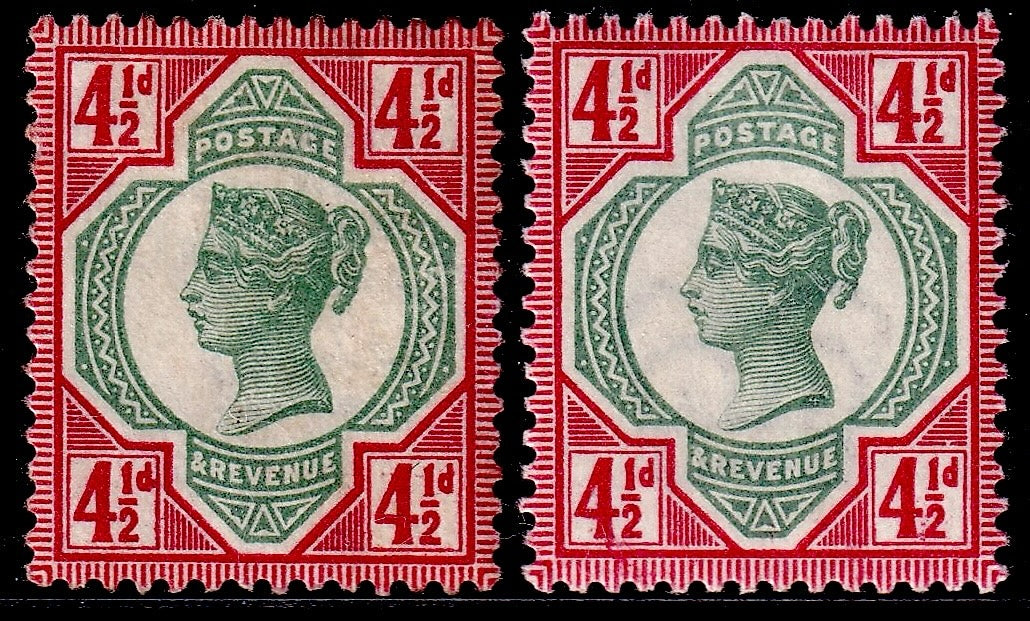 Great Britain 1892 4½d Jubilee Variety Fresh Mint Pair Including Carmine Dot Southwest Value Tablet