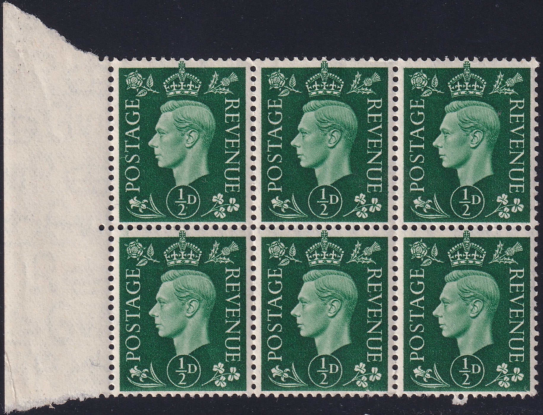 Great Britain 1937 Halfpenny ½d Green Variety Unlisted Spot Unmounted Mint Marginal Block of Six