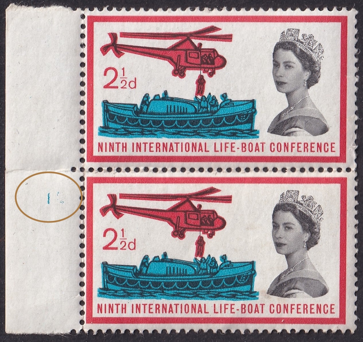 Great Britain 1963 2½d Lifeboat Unmounted Mint Vertical Marginal Pair Missing Control 3a 3b