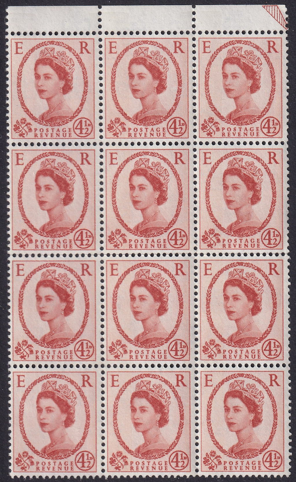 GB 1965 4½d Wilding Chestnut Top Marginal UM BLOCK of TWELVE on Whiter Paper with Blue Phosphor Bands Applied by TYPOGRAPHY