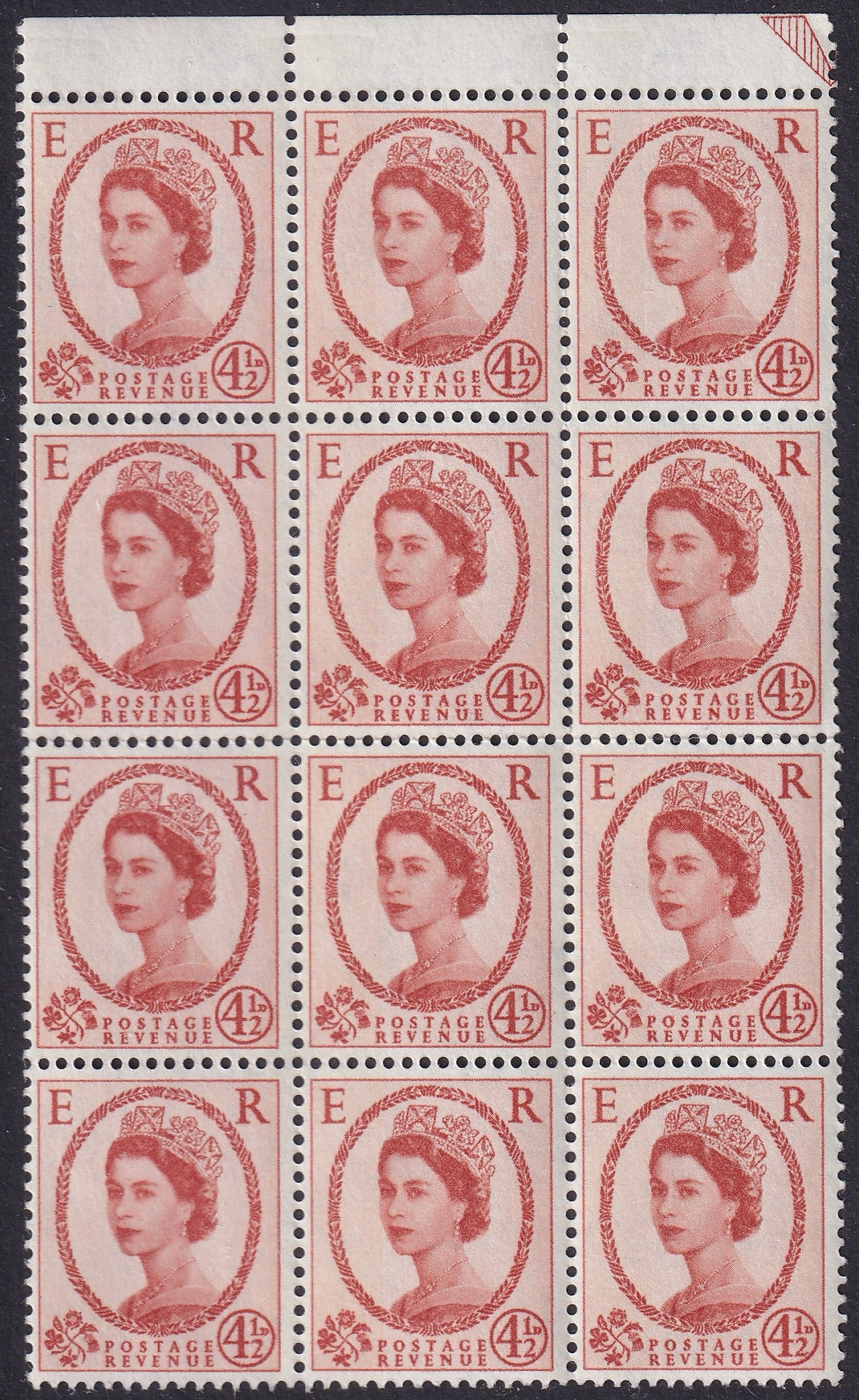 GB 1965 4½d Wilding Chestnut Top Marginal UM BLOCK of TWELVE on Whiter Paper with Blue Phosphor Bands Applied by TYPOGRAPHY
