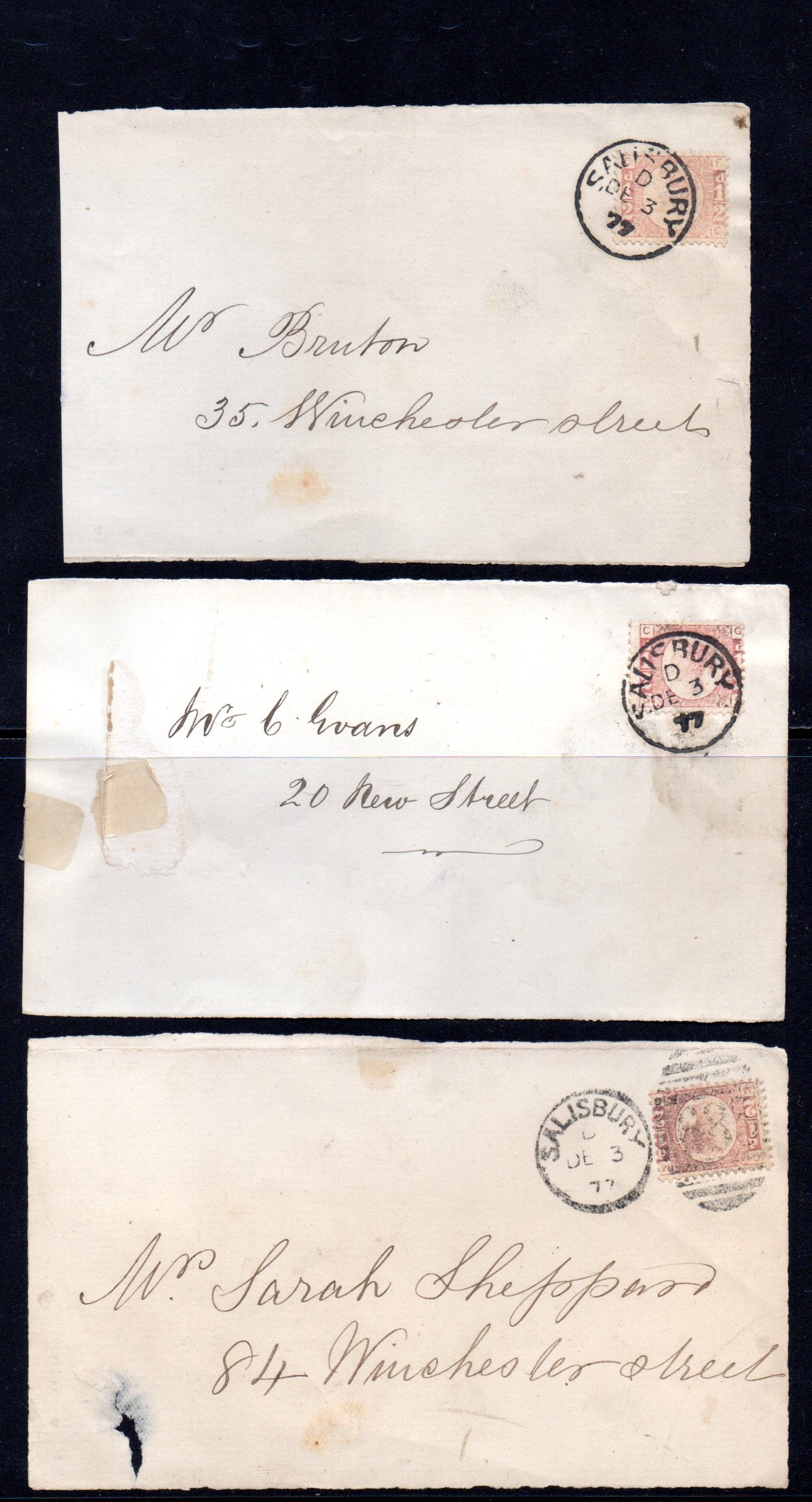 GB 1877 Three ½d Plate 14 Bantams on Local Salisbury Fronts-Only