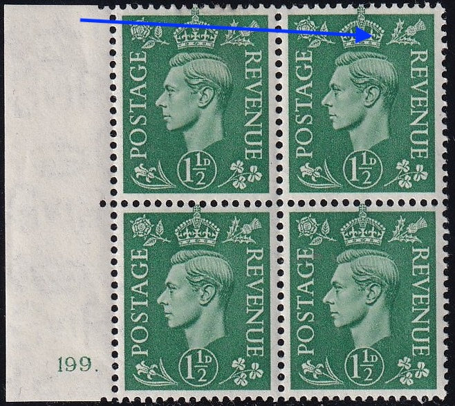 Great Britain 1951 1.5d Pale Green Broken Fleur de Lis Variety Stamp