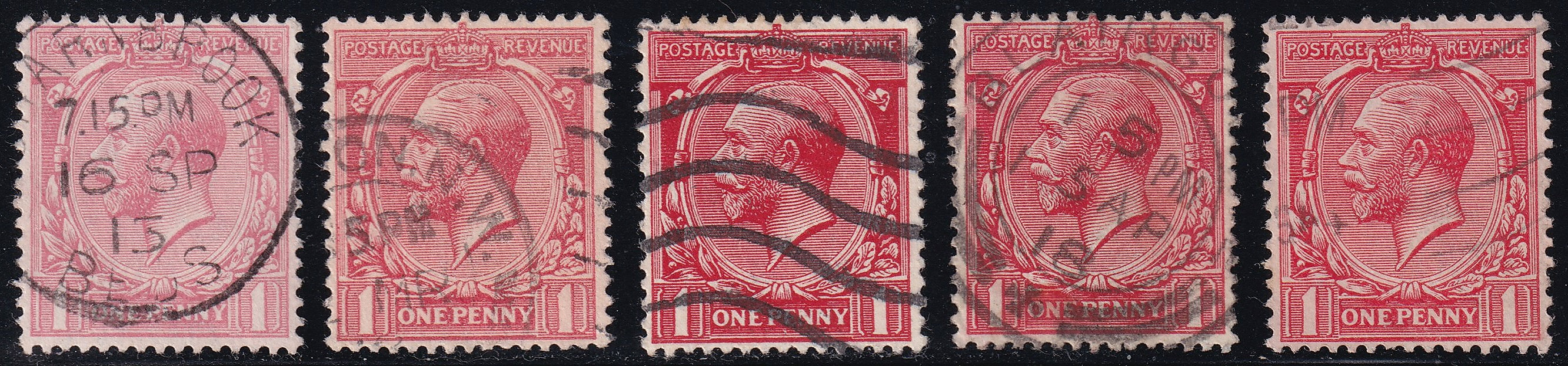 Great Britain 1913 1d Pink CDS Used with Shades Comparison Stamps