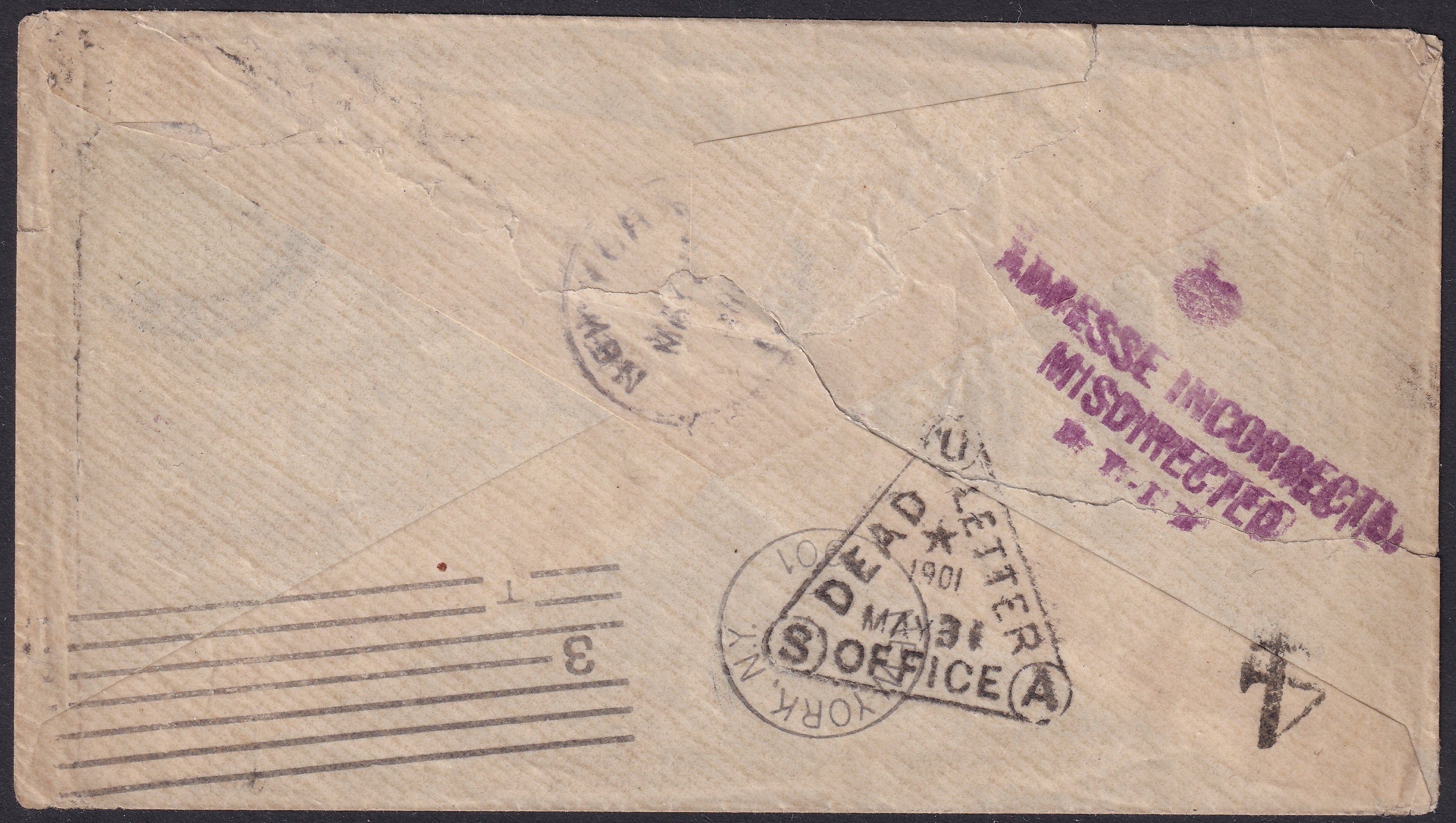 Great Britain 1901 Postal History 2d Rate Cover to USA Dead Letter Office