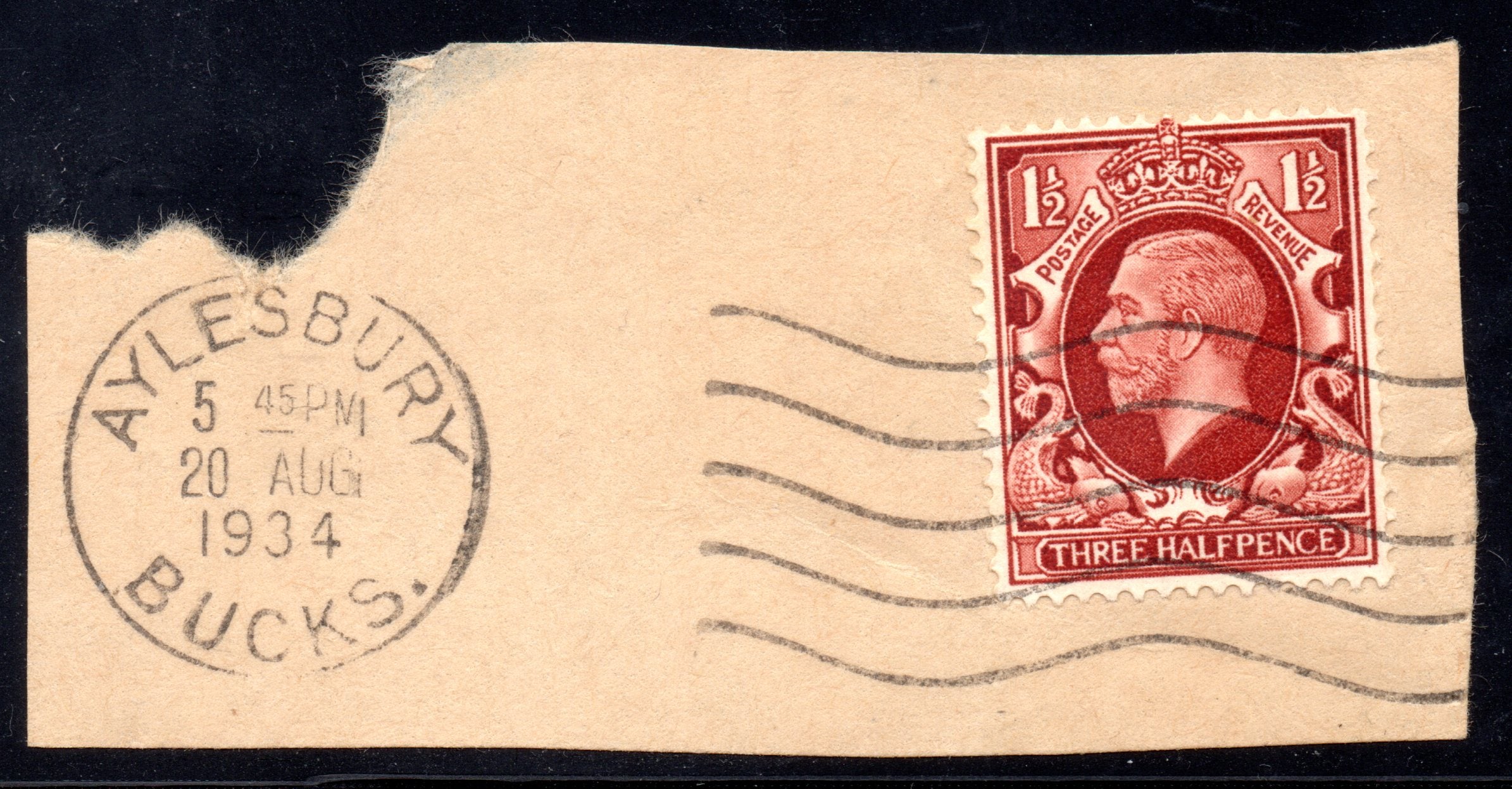 Great Britain 1934 1.5d Photogravure First Day of Issue Tied Piece 20 August