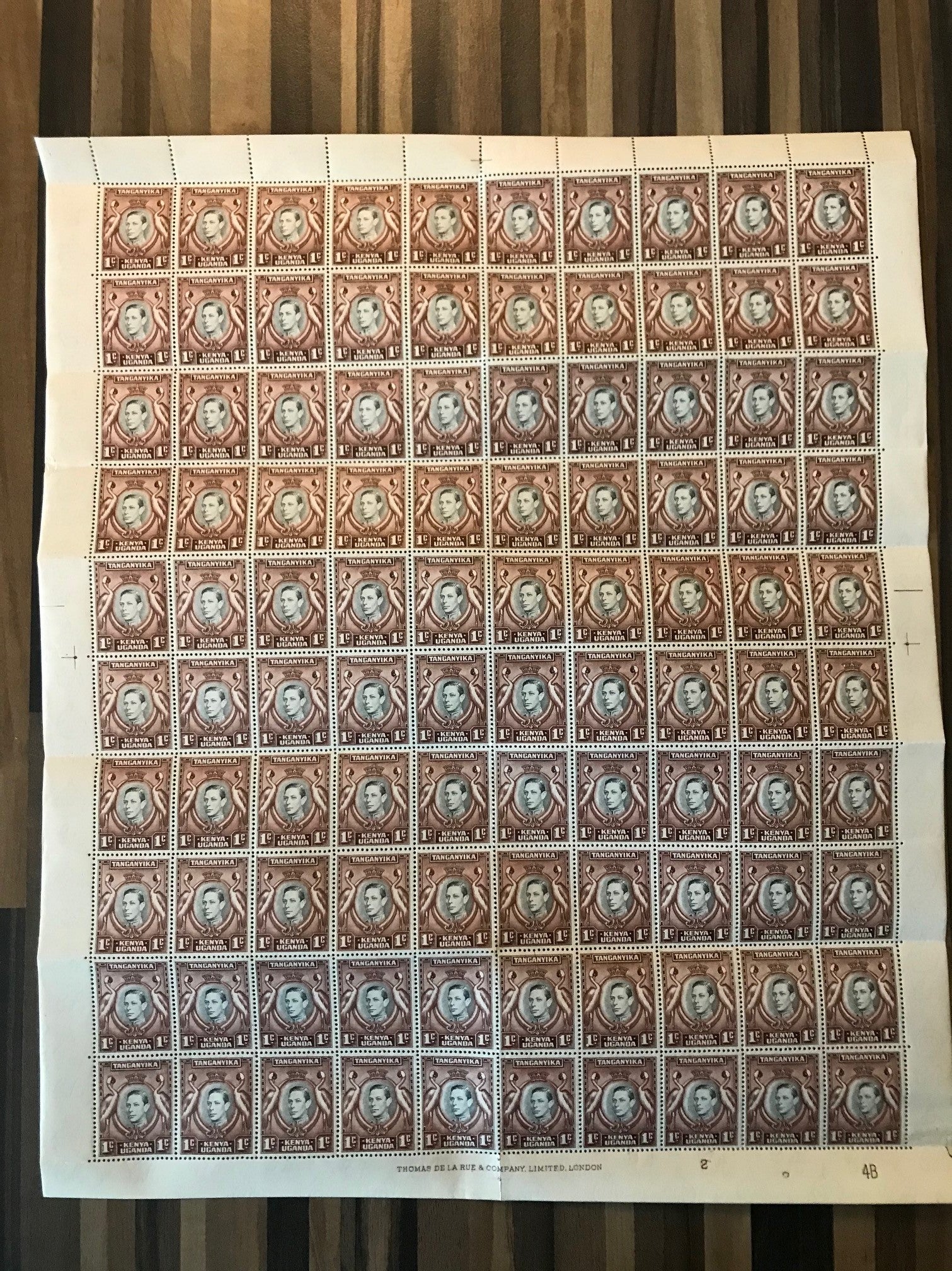 Kenya Uganda 1938 to 1951 1c Unmounted Mint Complete Sheet Plate 4A with Varieties