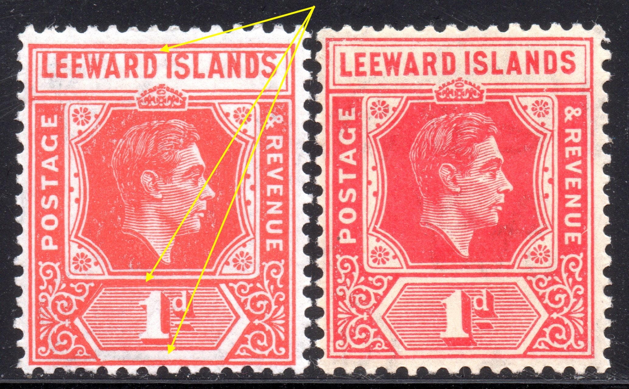 Leeward Islands 1938-40 1d Scarlet Stamp Die B Mint with Value Tablet Shift Variety