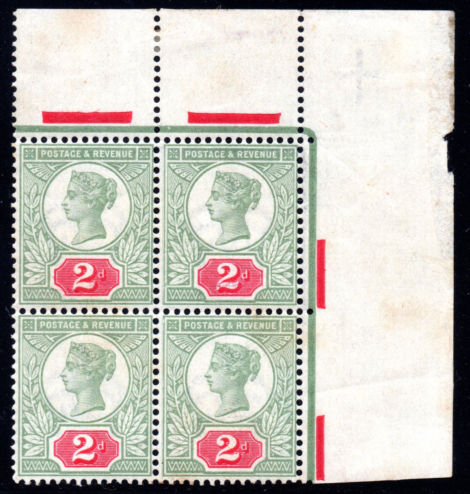 Great Britain 1887 2d Mint Block of Four with Double Frame Line Variety at Left