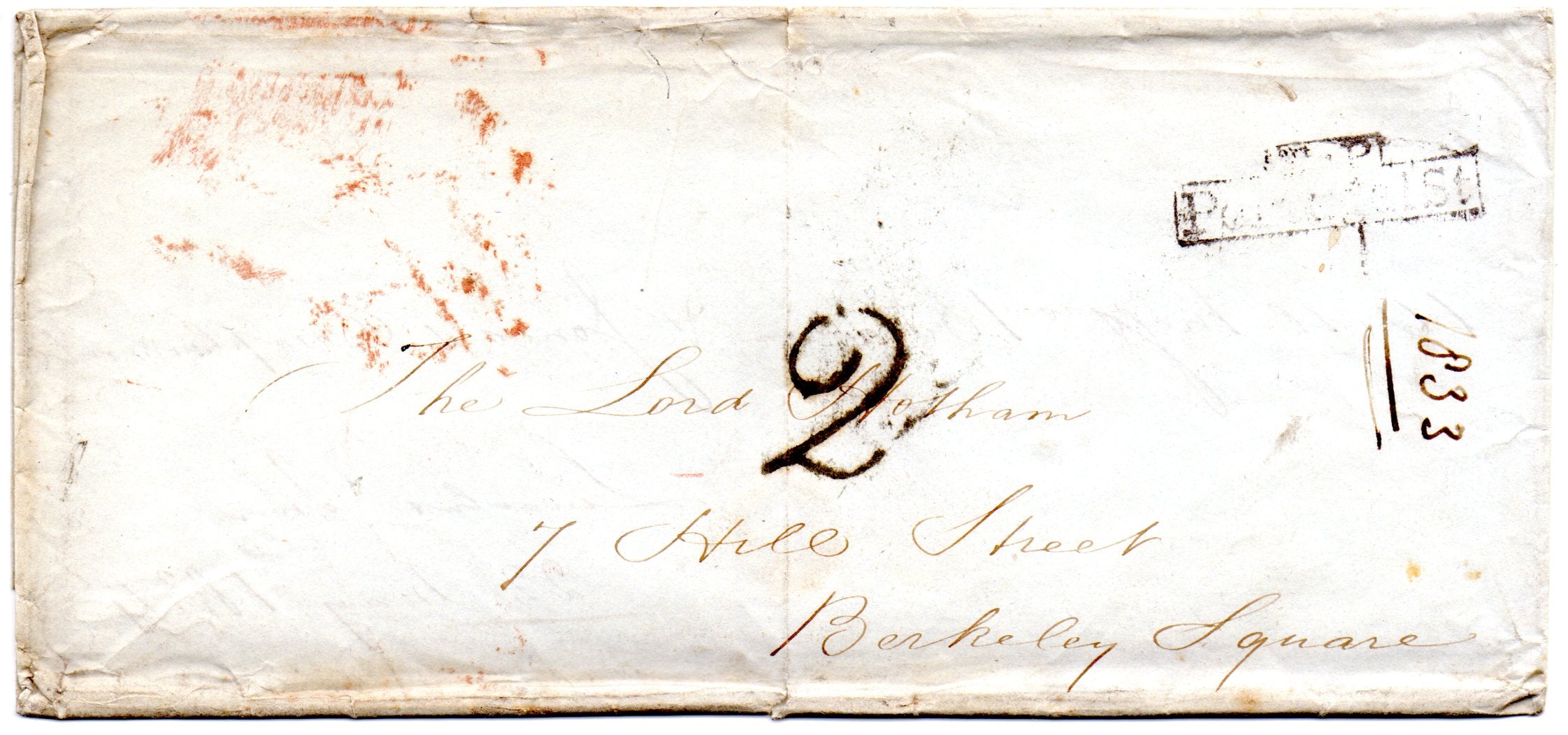 Great Britain 1834 Pre-Stamp Postal History Wrapper to Lord Hotham