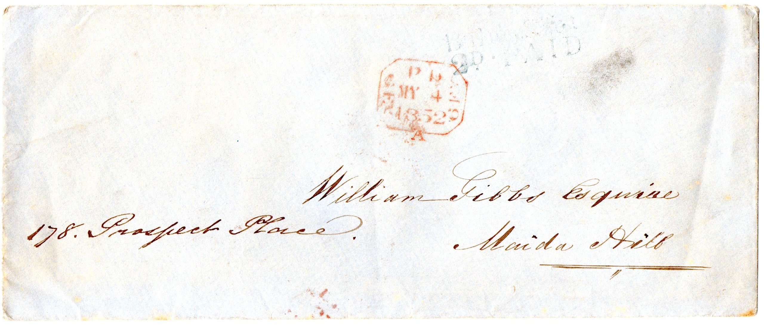 Great Britain 1852 Postal History Letter to Maida Hill 2d Paid in Blue