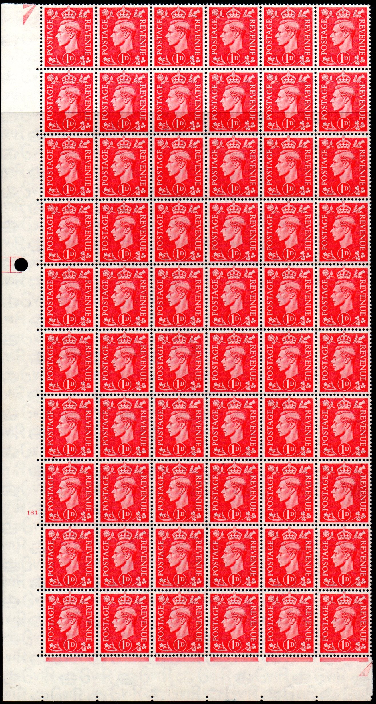 Great Britain 1941 1d Pale Scarlet Cylinder Block of Sixty Unmounted Mint Stamps with Varieties