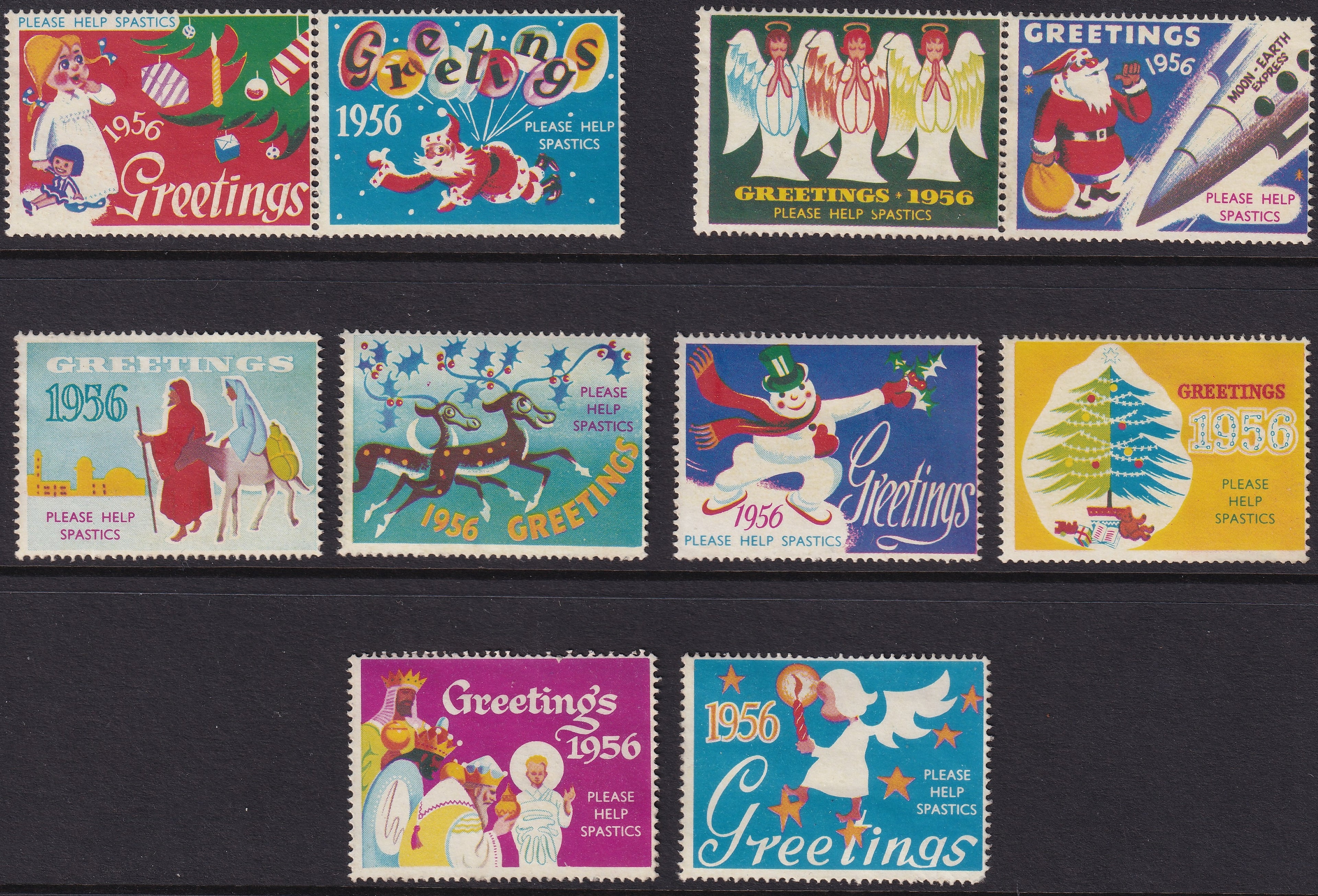 Great Britain 1956 Please Help Spastics Christmas Cinderella Stamps