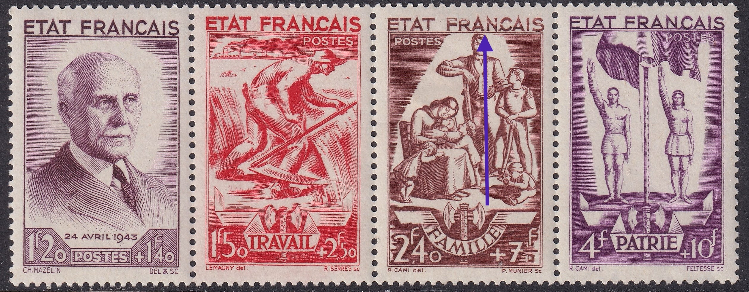France 1943 Se-Tenant Strip of Four Stamps