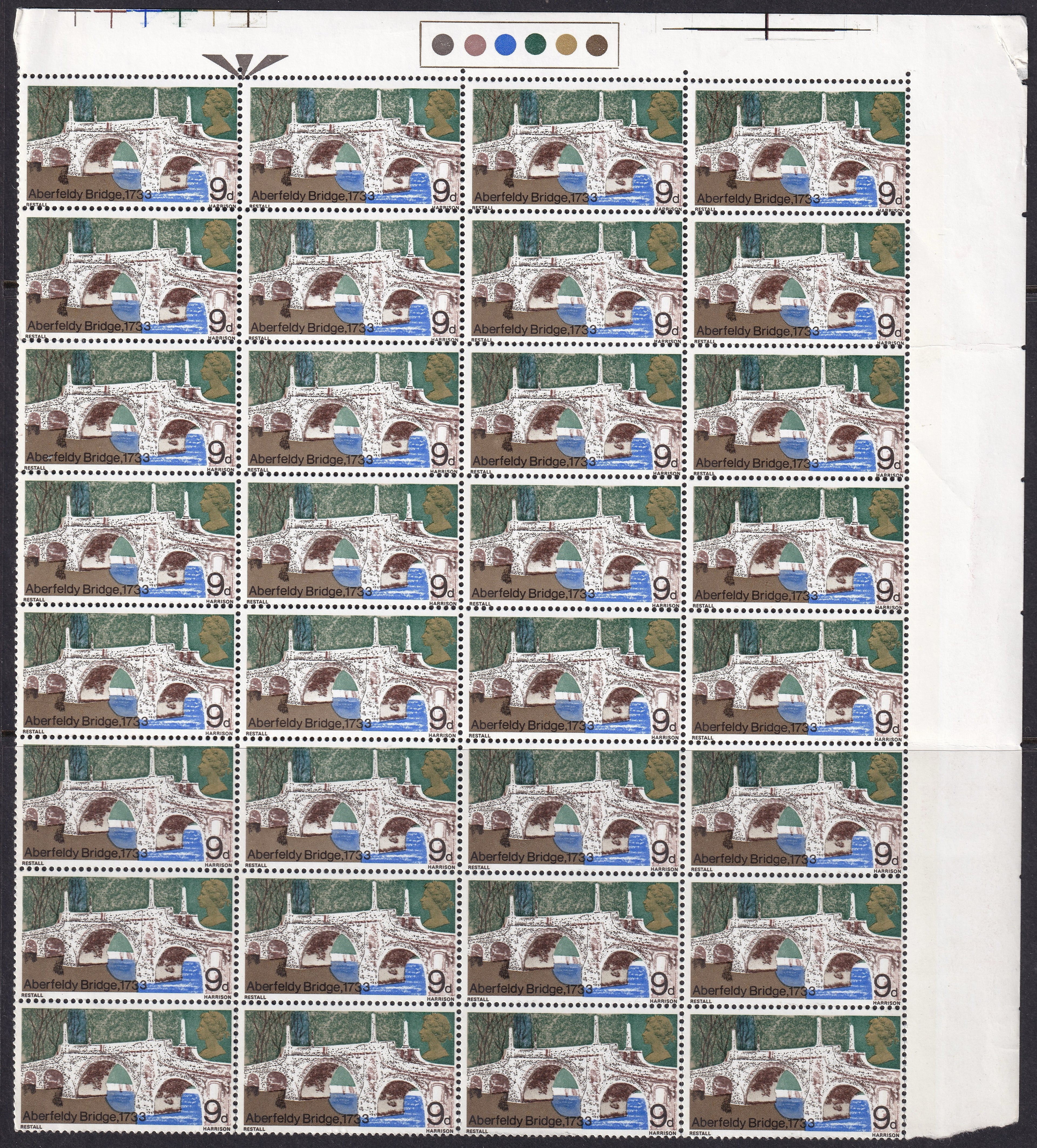 Great Britain 1968 9d Bridges Unmounted Mint Large Block Phosphor Variety Top Row
