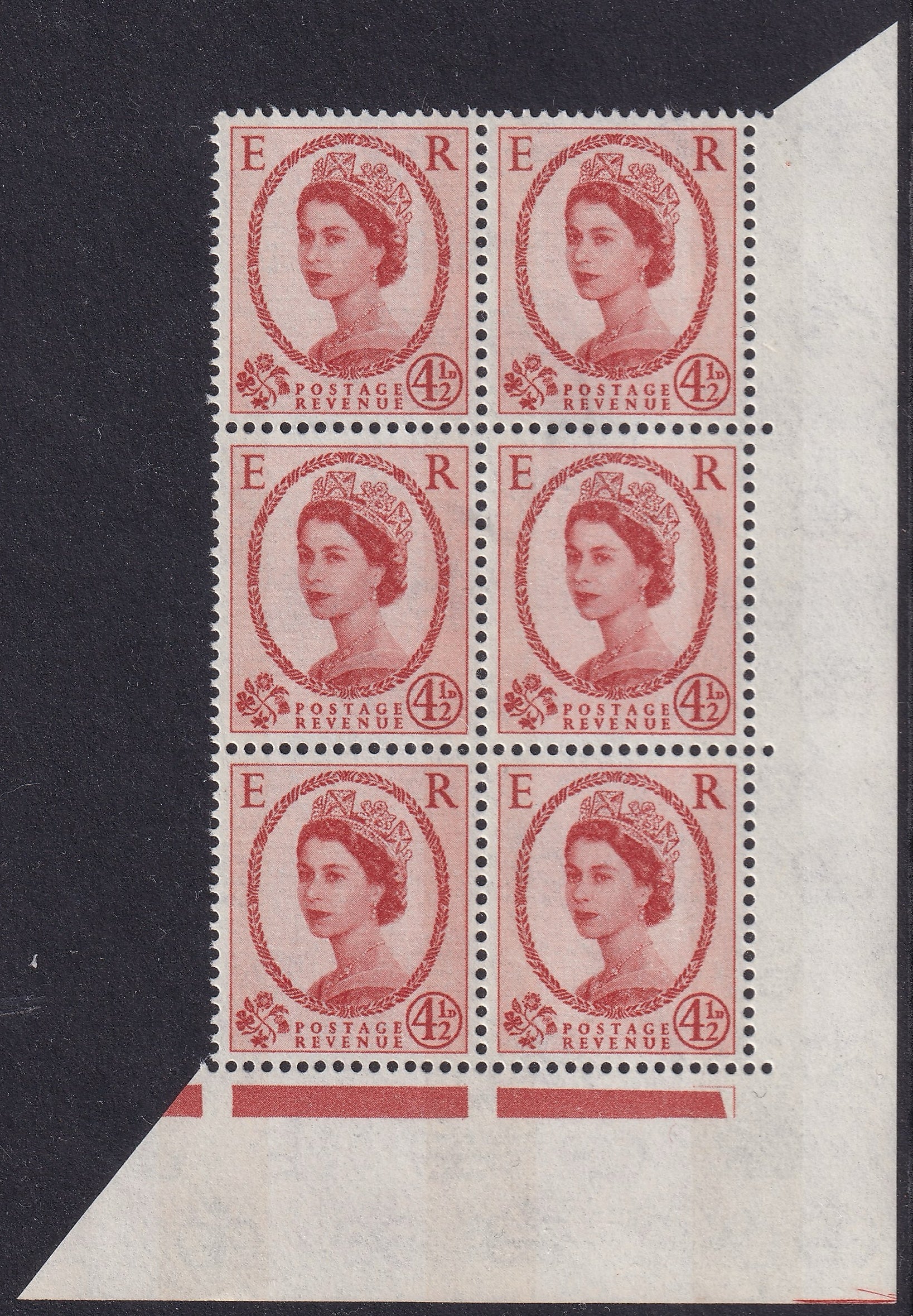 Great Britain 1961 4.5d Unmounted Mint Corner Marginal Block of Six Phantom Frame Variety
