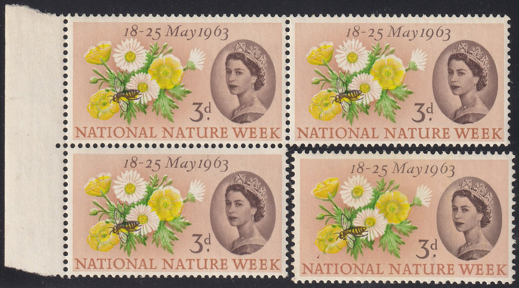 Great Britain 1963 3d Unmounted Mint Irregular Block of Three Stamps Yellow Colour Shift