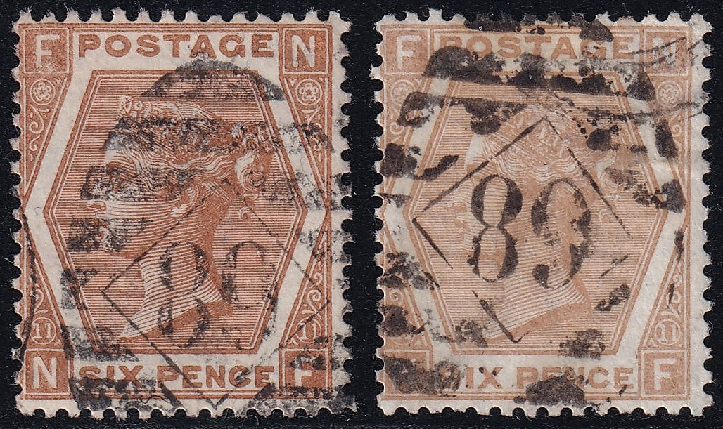 Great Britain 1872 6d Stamps Fine Used Shade Pair NF Varieties Figure 11 Left Damaged
